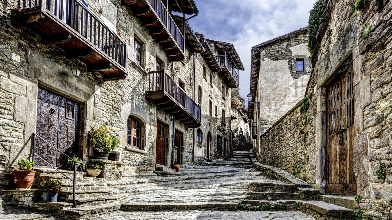 One Street at Rupit, Rupit, Street, Town, Alley. Wallpaper in 1366x768 Resolution