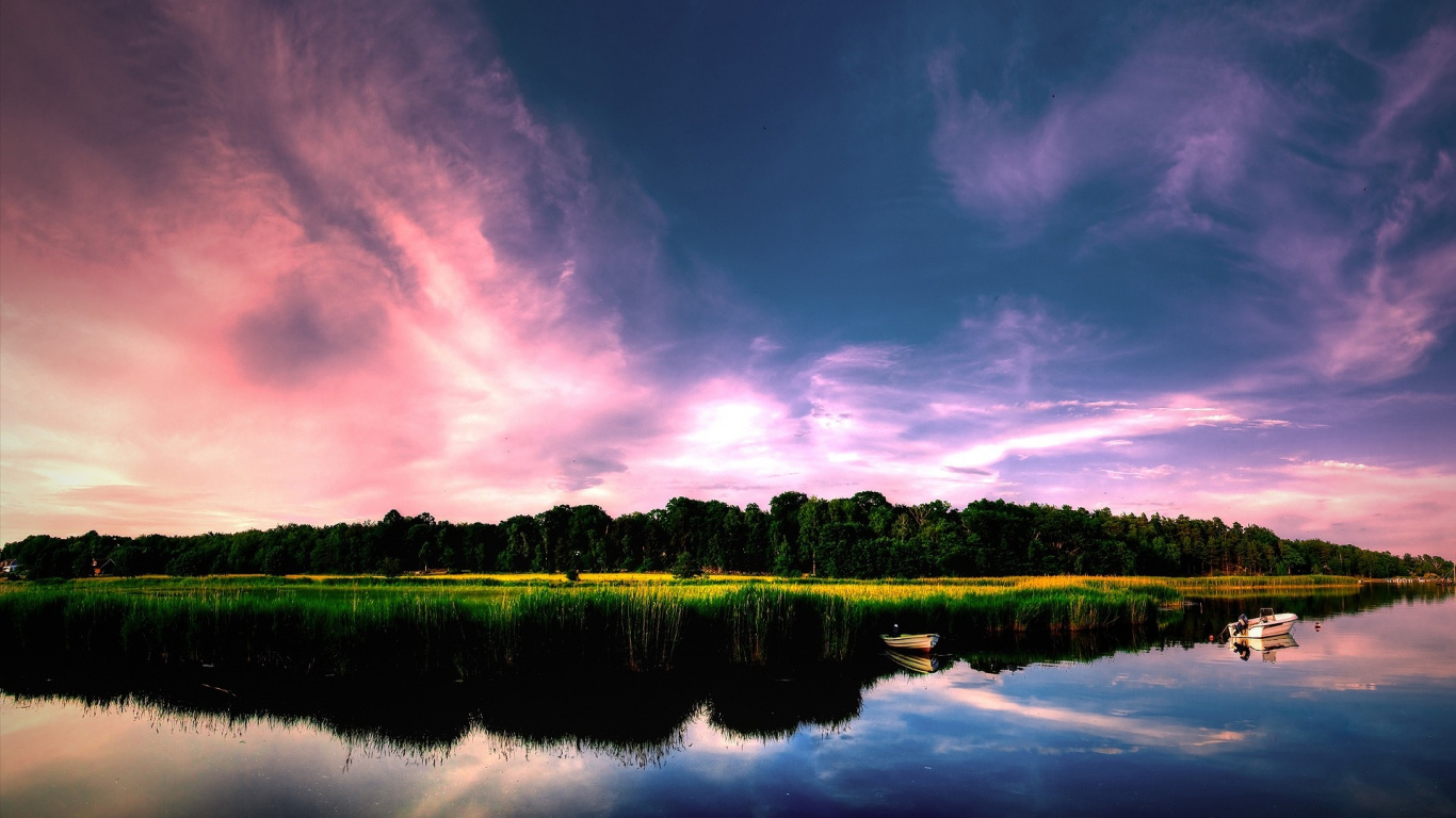 Green Trees Beside Lake Under Purple Sky. Wallpaper in 1366x768 Resolution