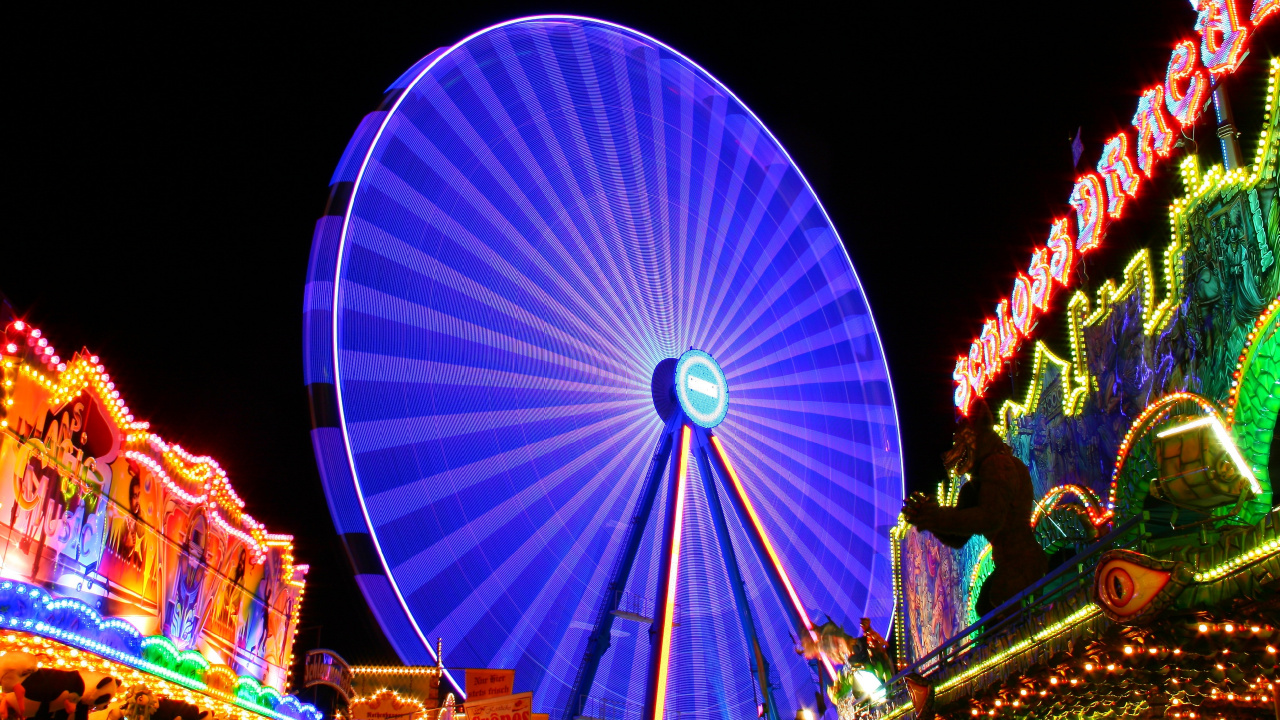 Blue and Red Ferris Wheel During Night Time. Wallpaper in 1280x720 Resolution