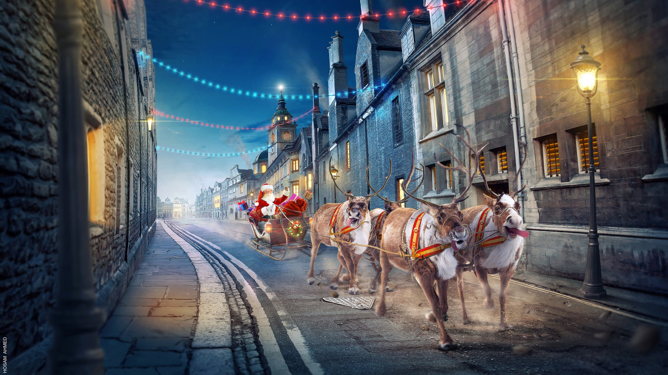 Santa Claus, Santa Clauss Reindeer, Horse, Building, Road Surface. Wallpaper in 1366x768 Resolution