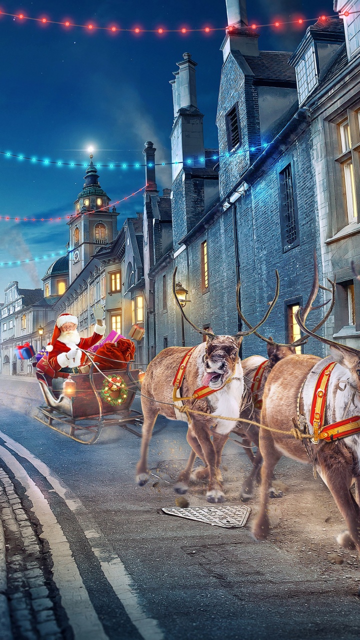 Santa Claus, Santa Clauss Reindeer, Horse, Building, Road Surface. Wallpaper in 720x1280 Resolution