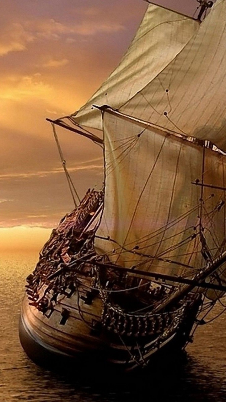 Voilier Marron et Blanc Sur la Mer au Coucher du Soleil. Wallpaper in 720x1280 Resolution