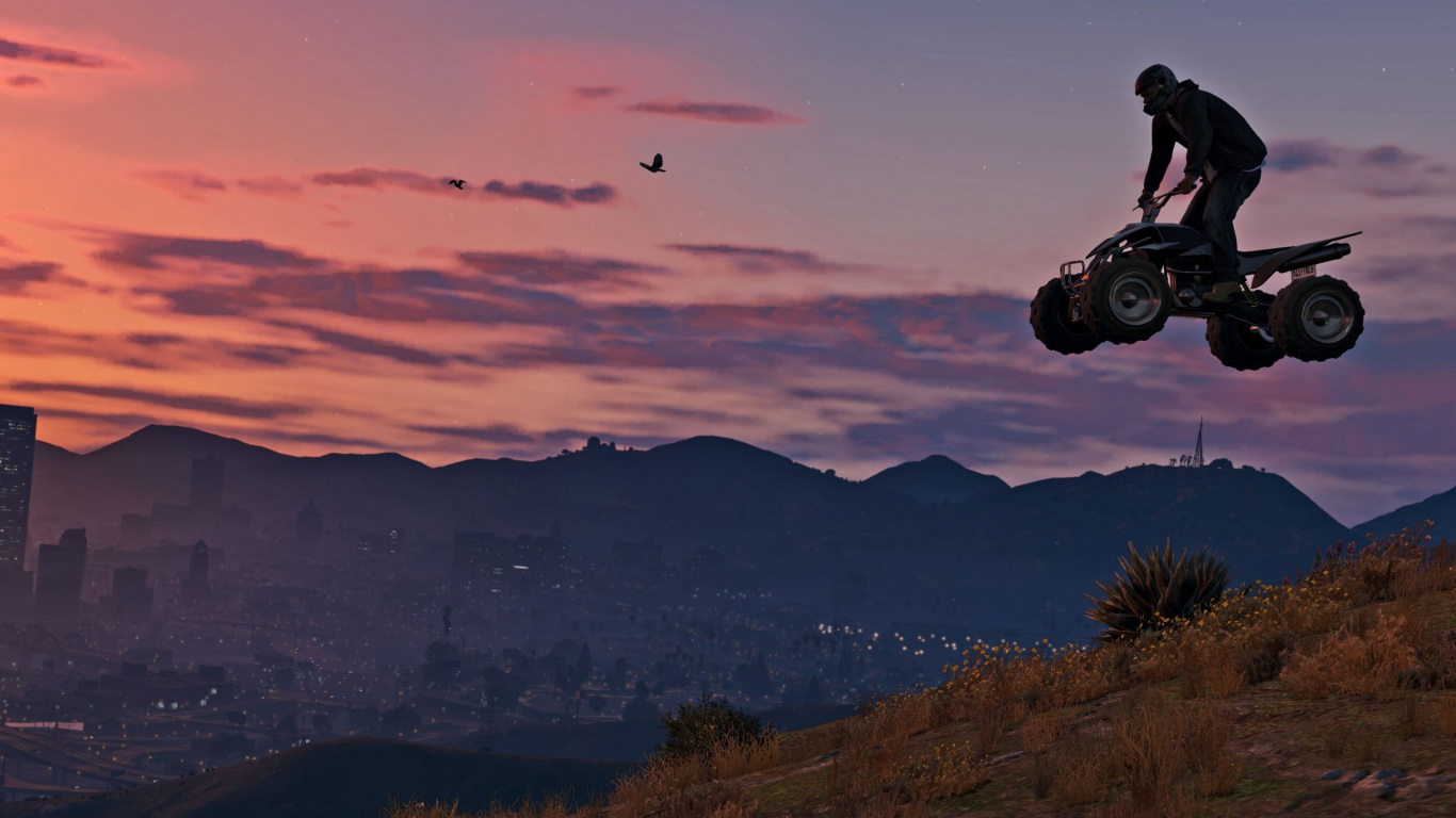 Grand Theft Auto v, Rockstar Games, Mañana, Puesta, Noche. Wallpaper in 1366x768 Resolution