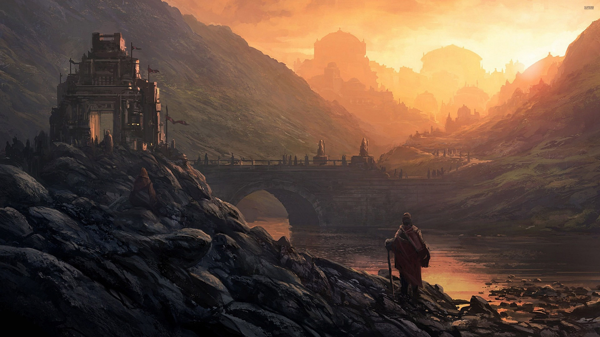 Woman in White Tank Top Sitting on Rock Near Bridge During Daytime. Wallpaper in 1920x1080 Resolution