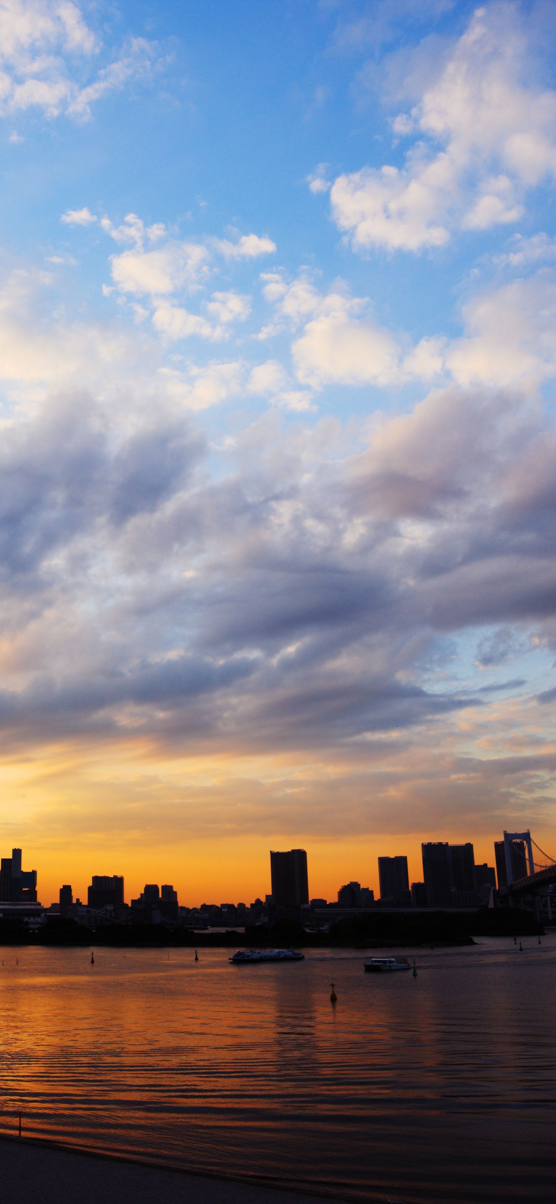 Silhouette Von Stadtgebäuden in Der Nähe Von Gewässern Bei Sonnenuntergang. Wallpaper in 1125x2436 Resolution