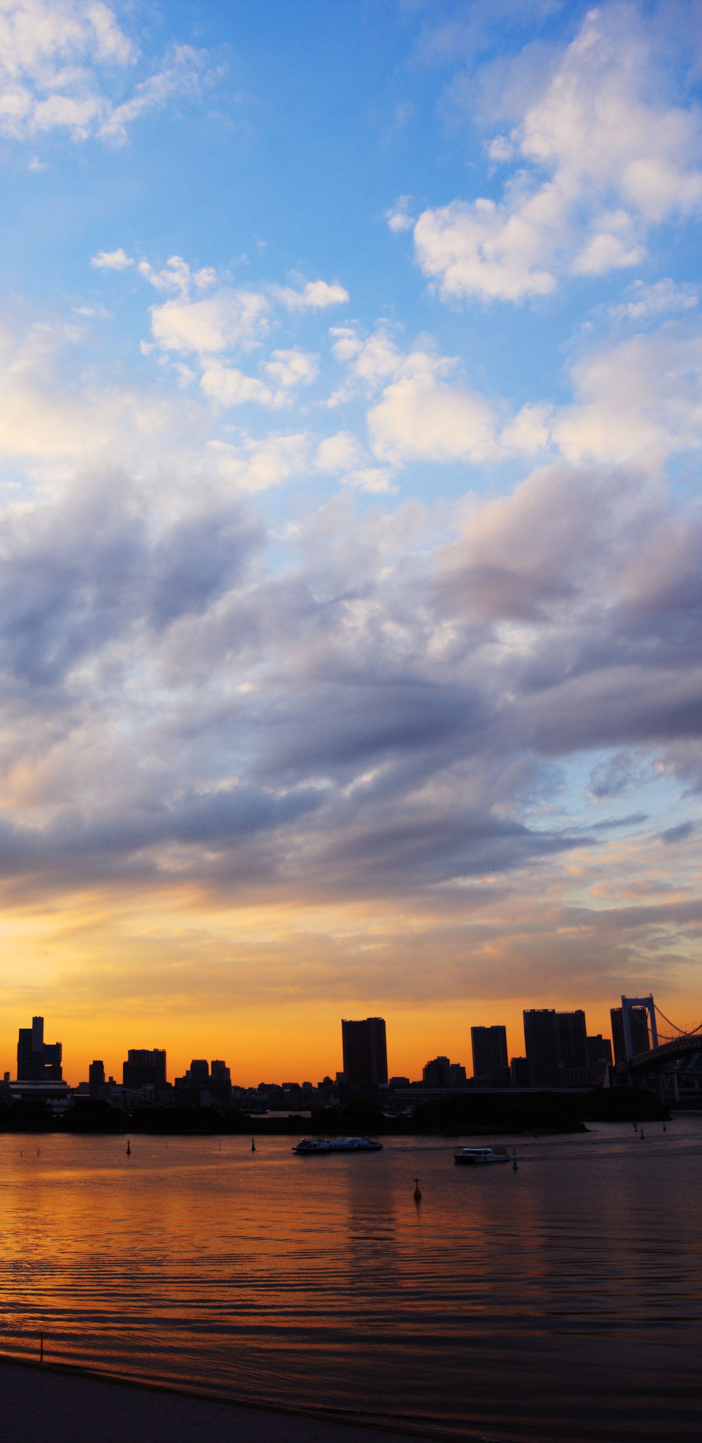 Silhouette of City Buildings Near Body of Water During Sunset. Wallpaper in 1440x2960 Resolution