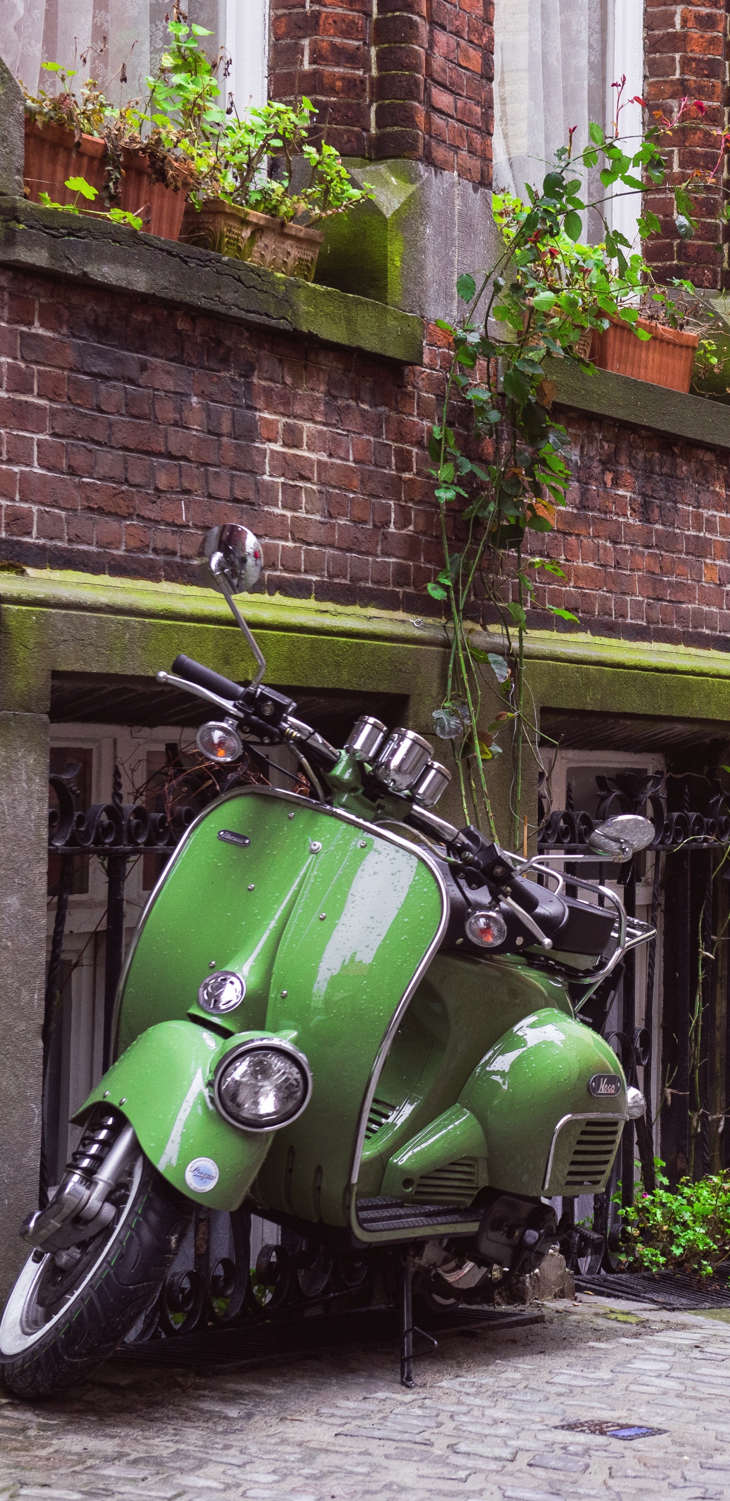 Motocicleta Verde Estacionada Junto al Edificio de Ladrillo Marrón. Wallpaper in 1440x2960 Resolution