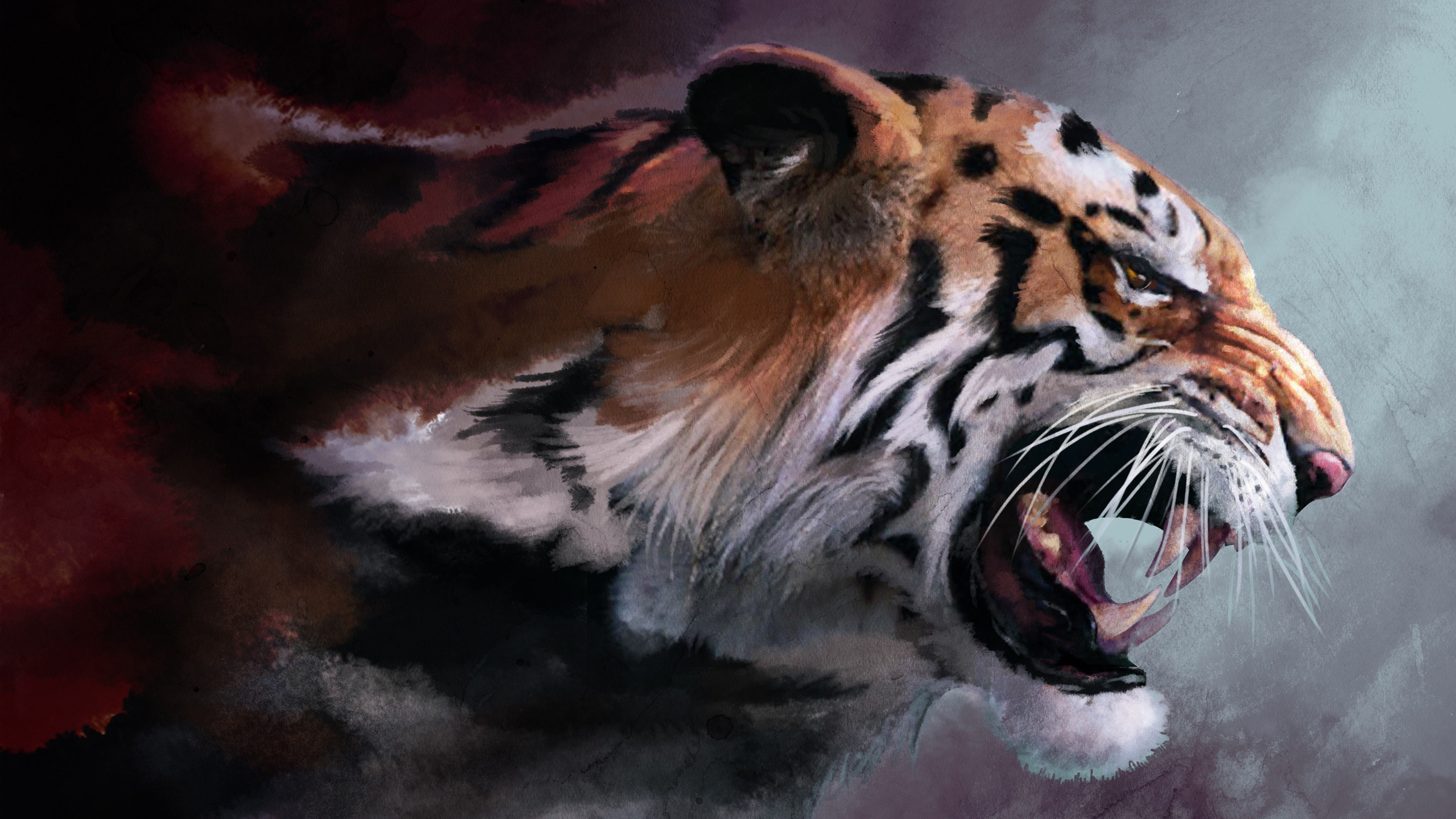 Peinture de Tigre Brun Blanc et Noir. Wallpaper in 2560x1440 Resolution