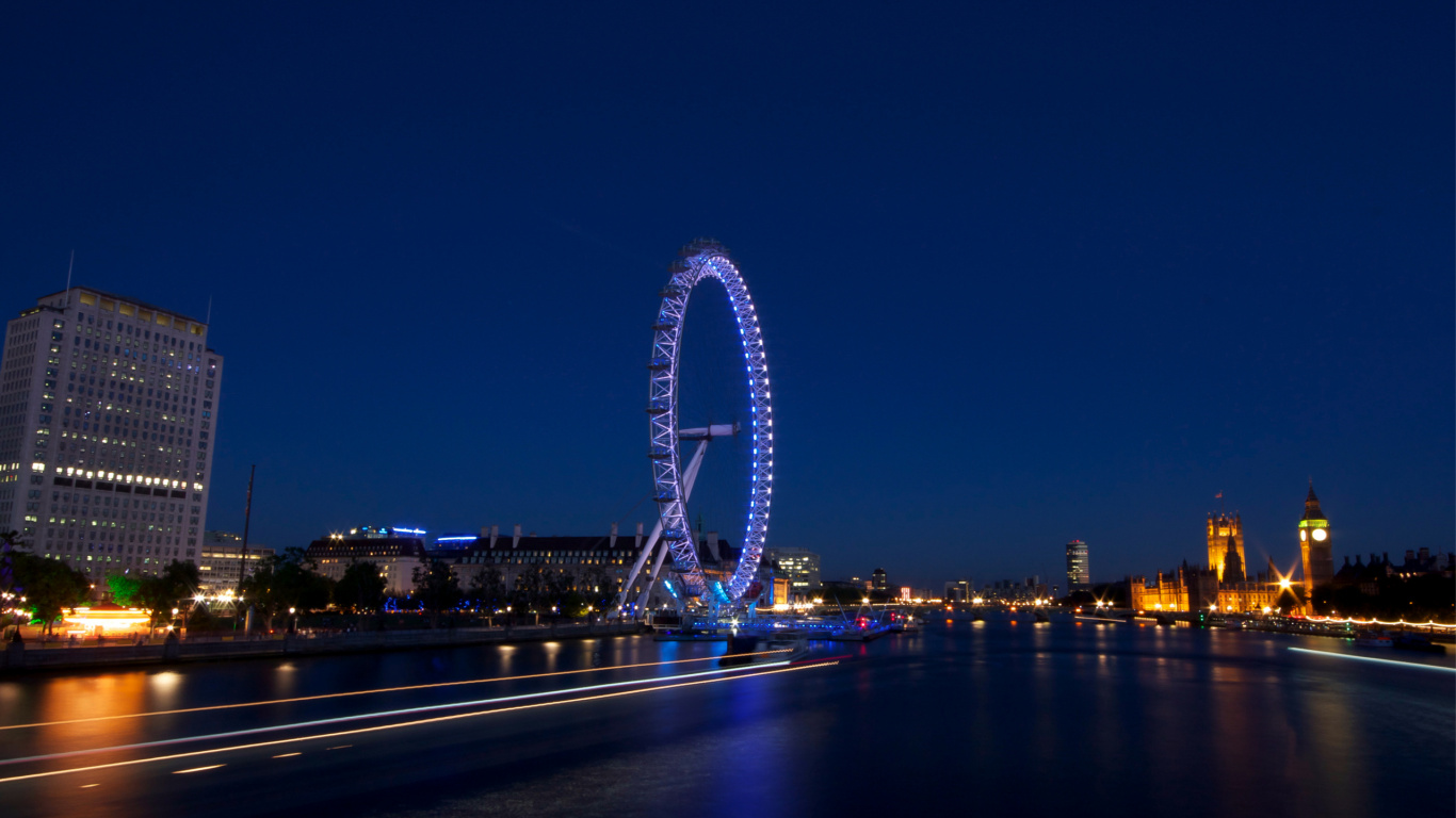 Ferris Wheel Near Body of Water During Night Time. Wallpaper in 1366x768 Resolution