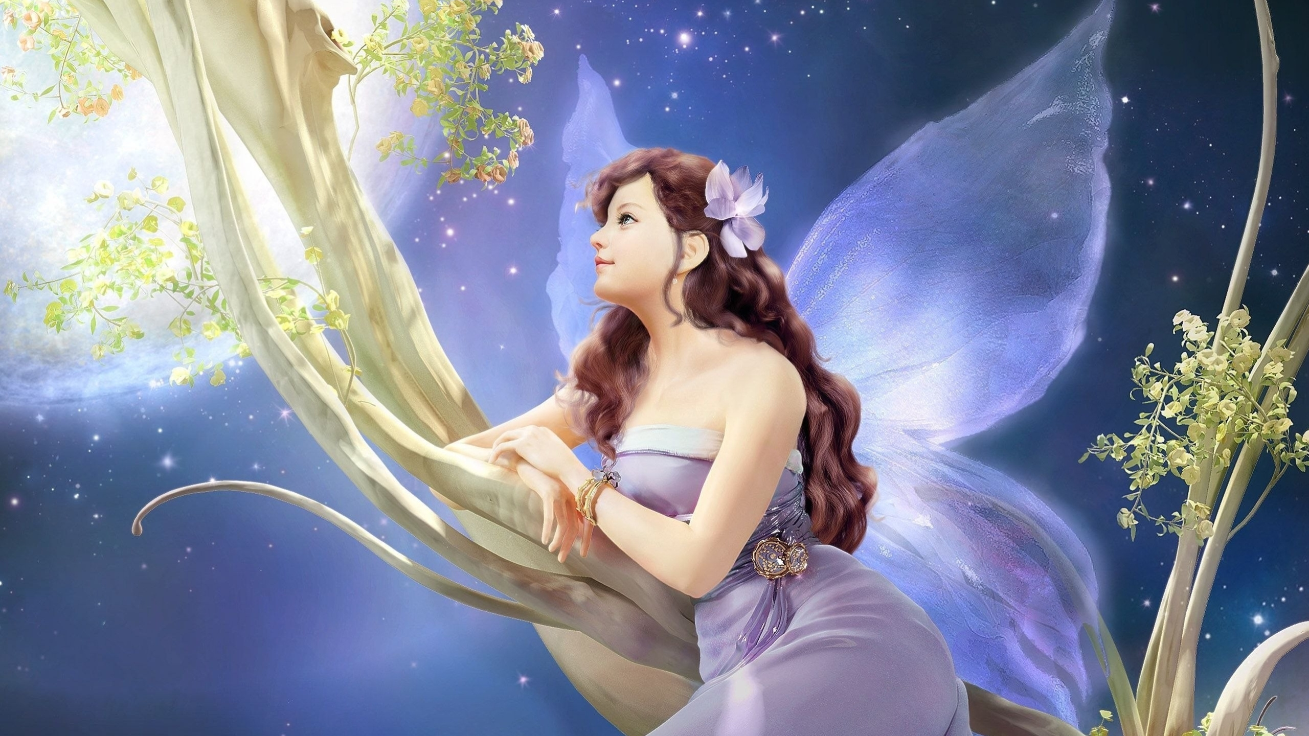 Woman in White Dress With White Wings Illustration. Wallpaper in 2560x1440 Resolution