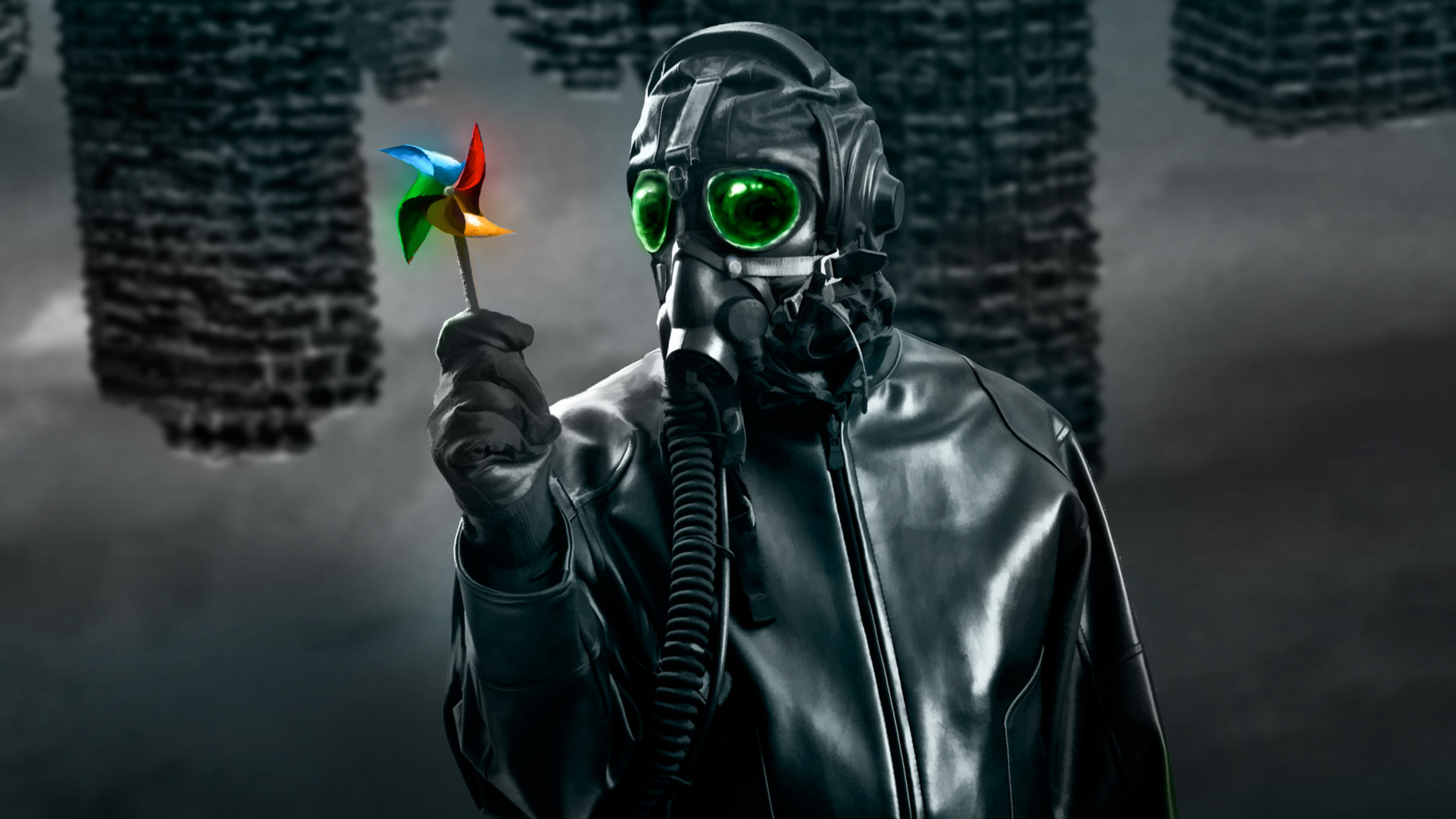 Person in Schwarzer Lederjacke Mit Grüner Maske Mit Gelber Und Oranger Blume. Wallpaper in 3840x2160 Resolution