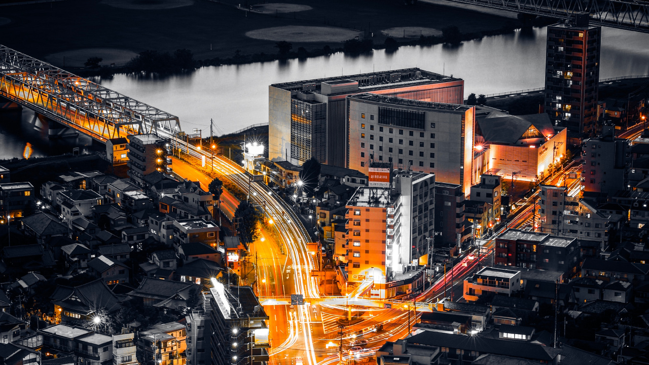 Aerial View of City Buildings During Night Time. Wallpaper in 1280x720 Resolution