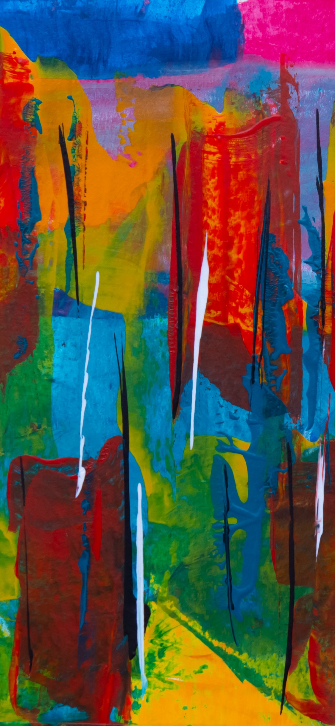 Peinture Abstraite Rouge Jaune Bleu et Vert. Wallpaper in 1125x2436 Resolution