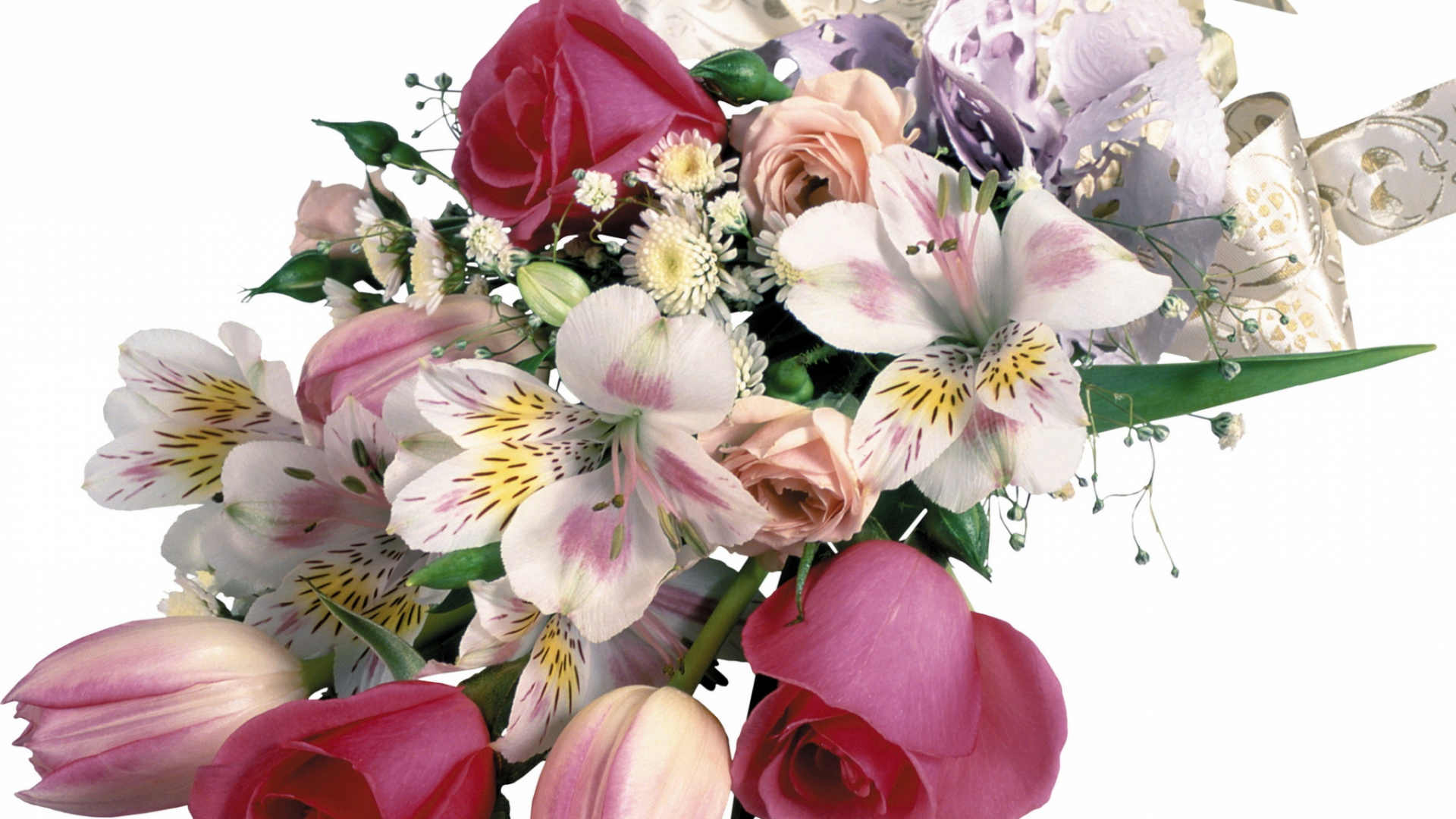 White and Pink Roses and Red Rose Bouquet. Wallpaper in 1920x1080 Resolution