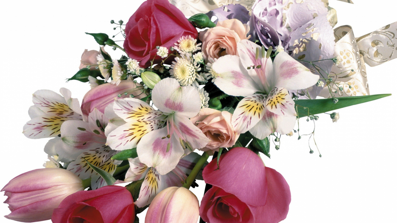 Weiße Und Rosa Rosen Und Roter Rosenstrauß. Wallpaper in 1280x720 Resolution