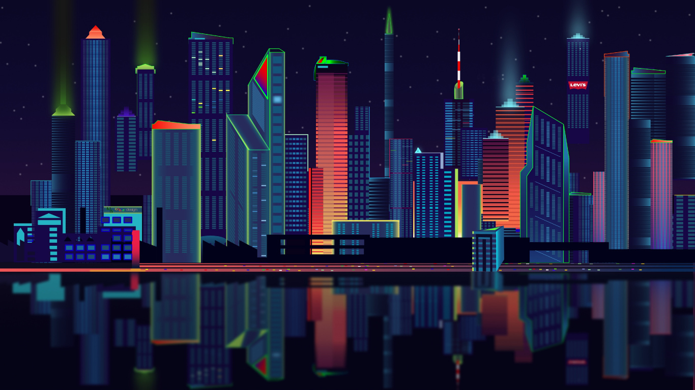 Horizon de la Ville Pendant la Nuit. Wallpaper in 1366x768 Resolution