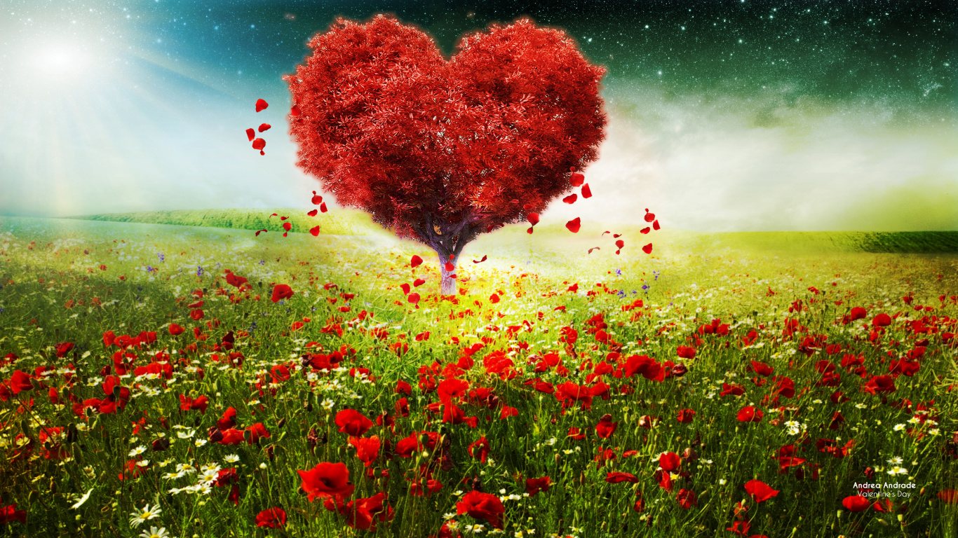 Heart, Valentines Day, Meadow, Flower, Valentines Day Landscape. Wallpaper in 1366x768 Resolution