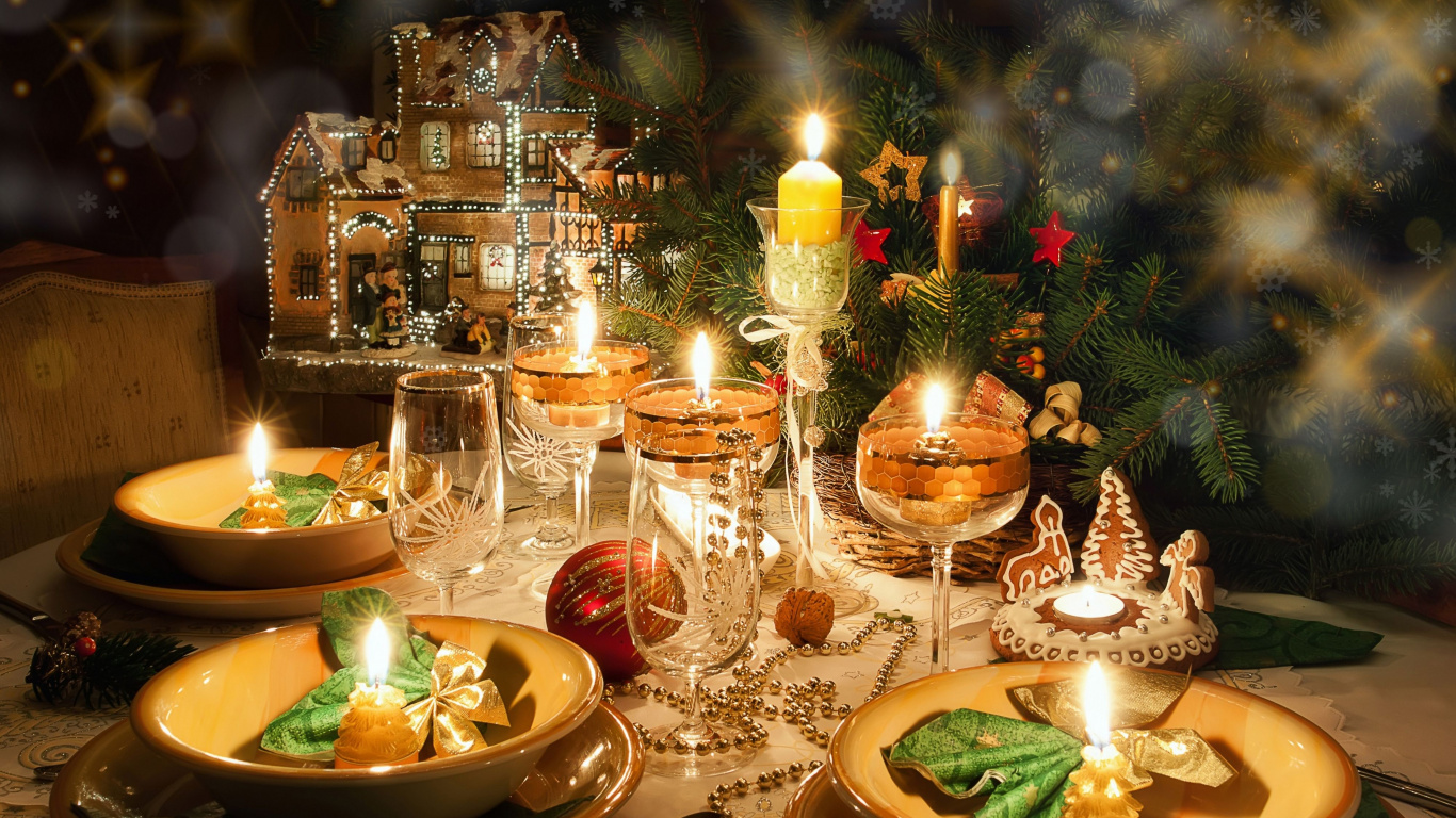 Christmas Day, Christmas Dinner, Candle, Christmas, Christmas Decoration. Wallpaper in 1366x768 Resolution