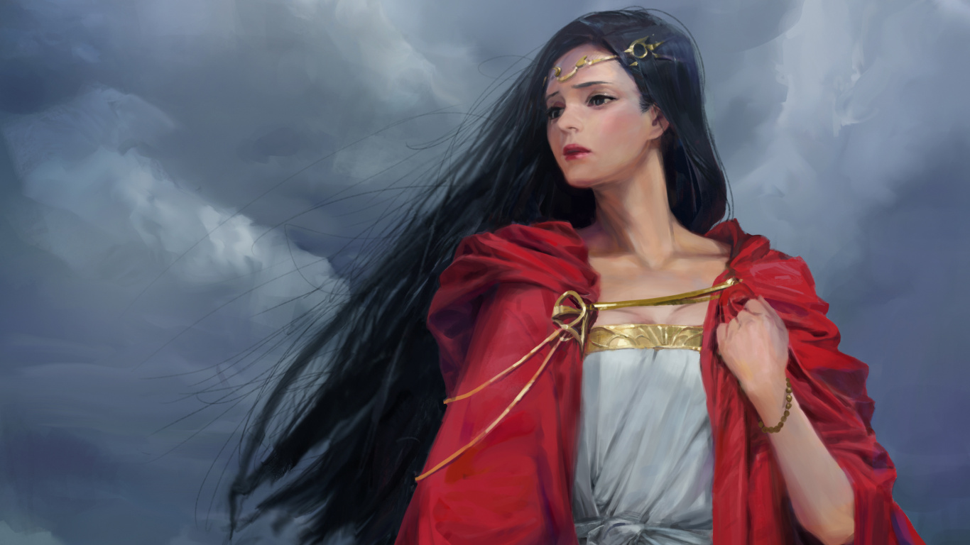 Femme en Robe Rouge et Blanche. Wallpaper in 1366x768 Resolution