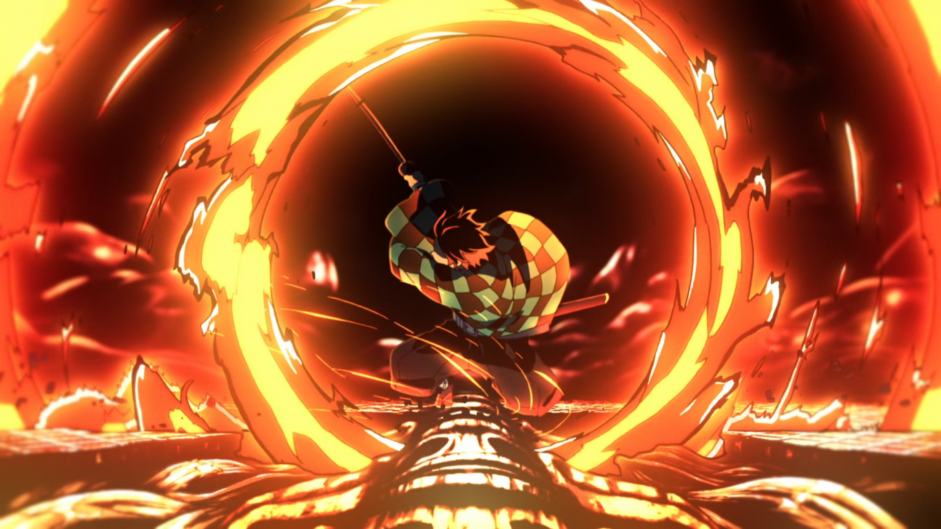 Anime, Hinokami Kagura Mugen Tren, Tanjiro Kamado, Asesino de Demonios Kimetsu no Yaiba, Kagura. Wallpaper in 1366x768 Resolution