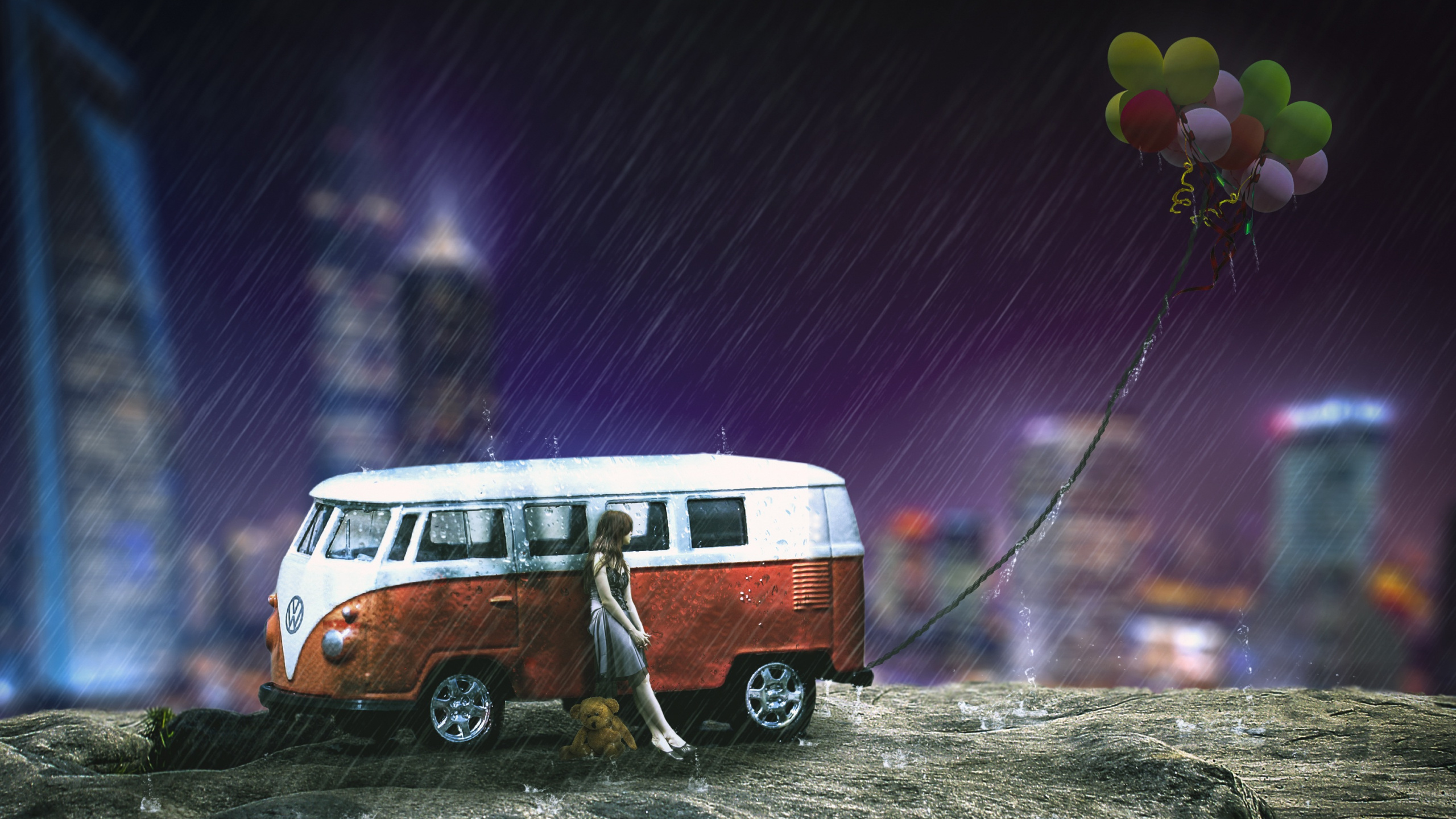 White and Orange Volkswagen T-2 on Snow Covered Ground. Wallpaper in 2560x1440 Resolution