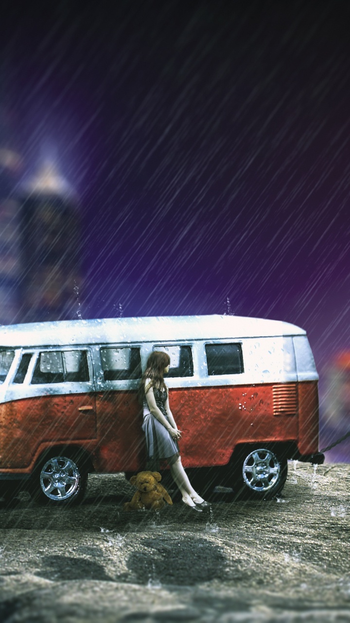 Volkswagen T-2 Blanc et Orange Sur Sol Couvert de Neige. Wallpaper in 720x1280 Resolution