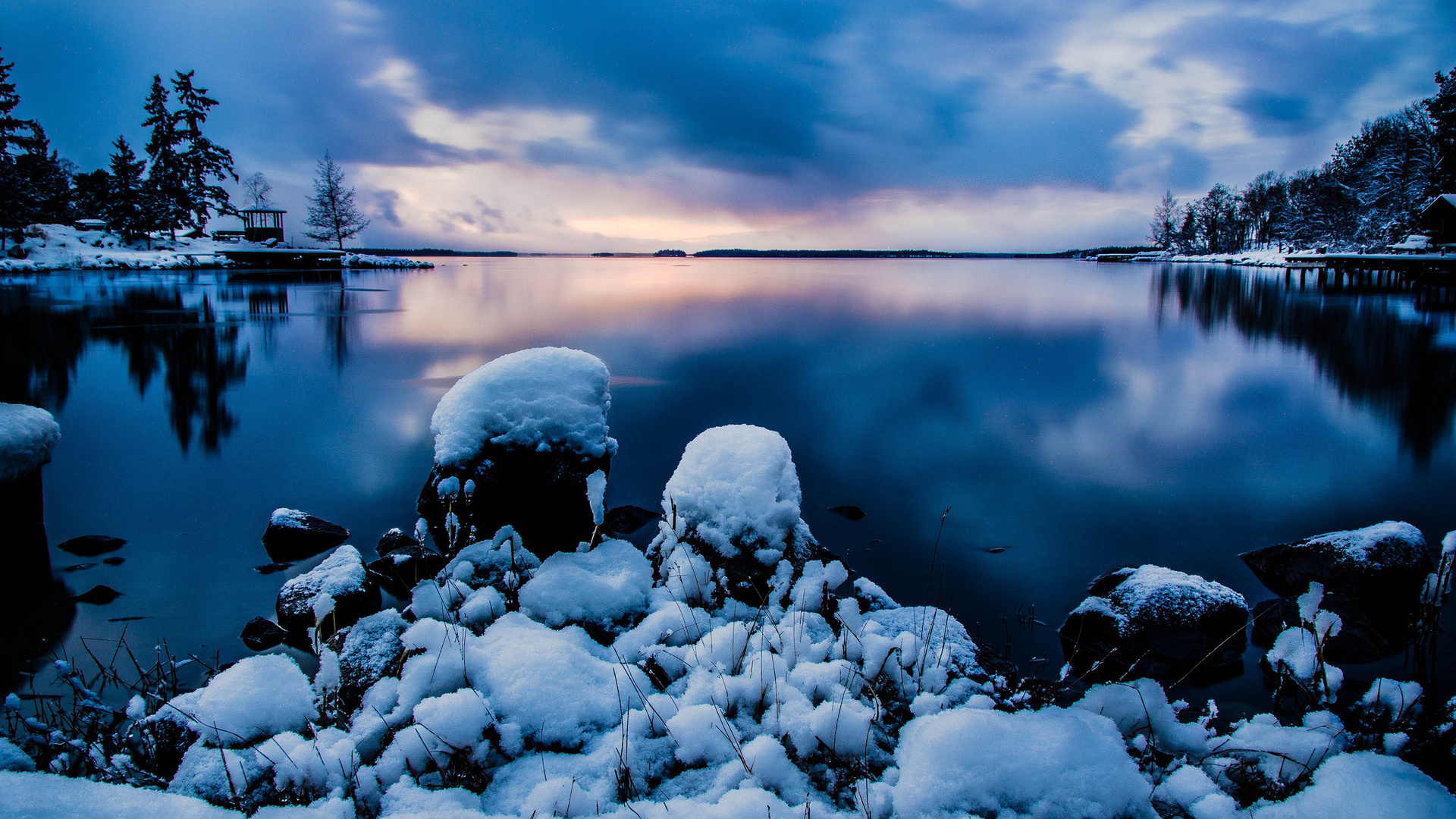 Gray and White Rocks on Body of Water Under Cloudy Sky. Wallpaper in 1920x1080 Resolution
