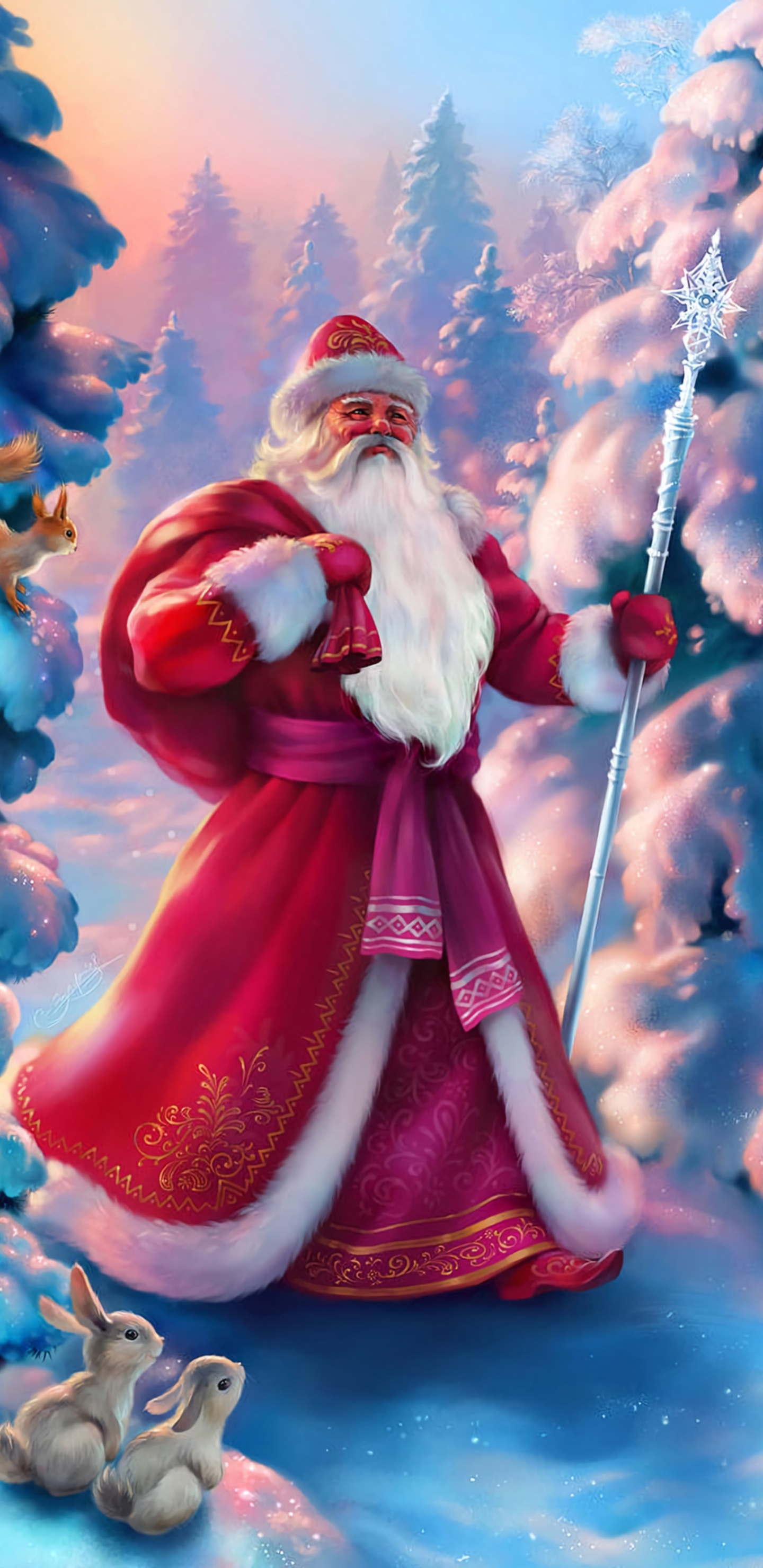 Weihnachtsmann, Ded Moroz, Weihnachten, Animation, Pink. Wallpaper in 1440x2960 Resolution