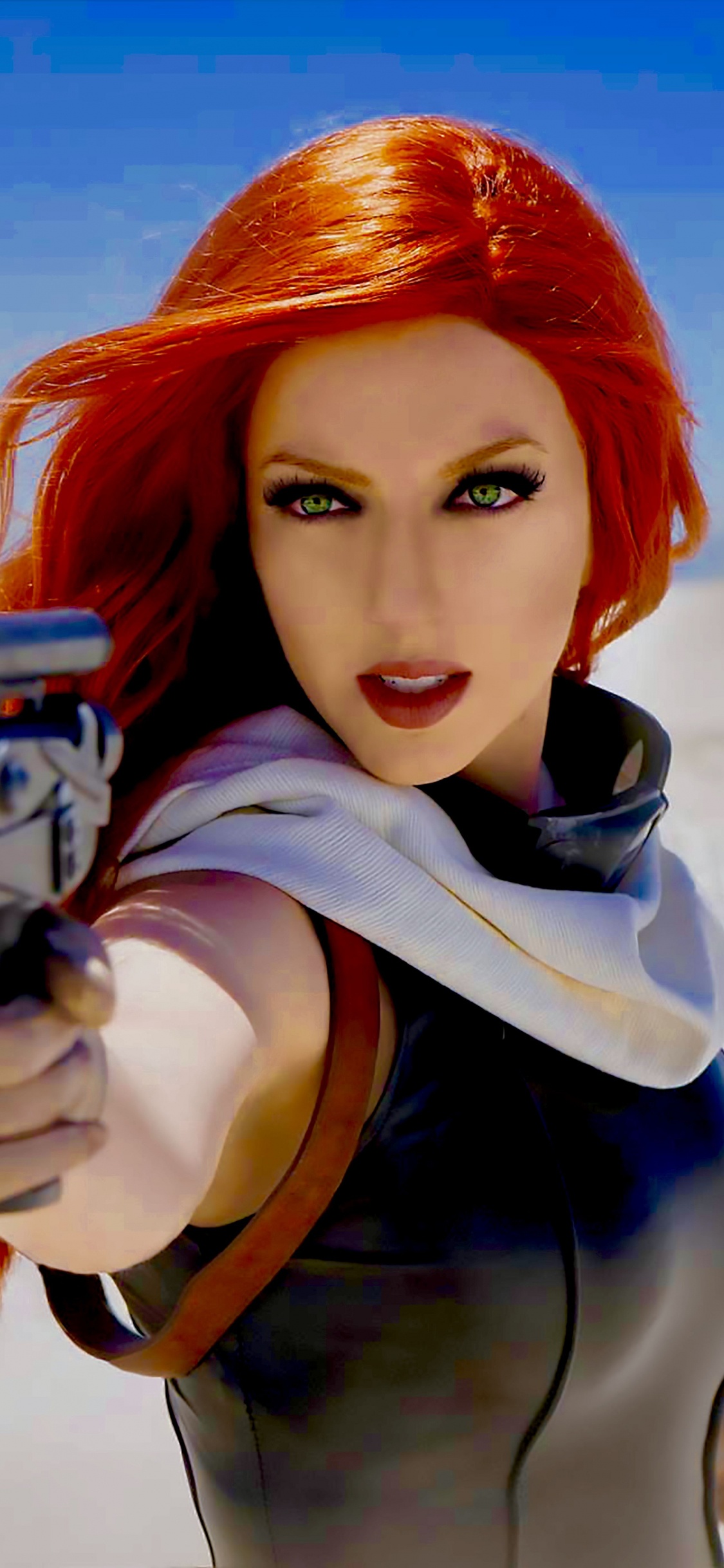 Mujer en Camisa de Manga Larga en Blanco y Negro Con Rifle Negro. Wallpaper in 1125x2436 Resolution