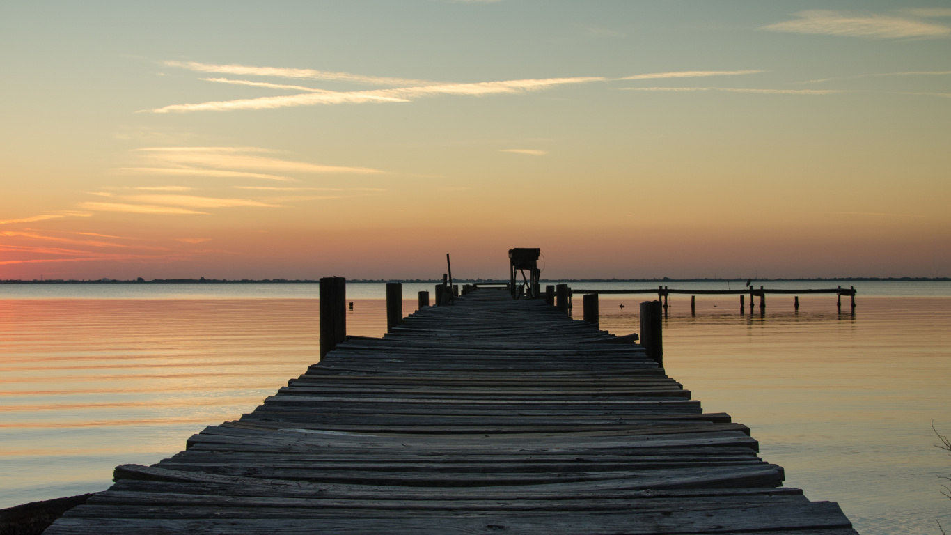Sonnenuntergang, Pier, Dock, Horizont, Wasser. Wallpaper in 1366x768 Resolution