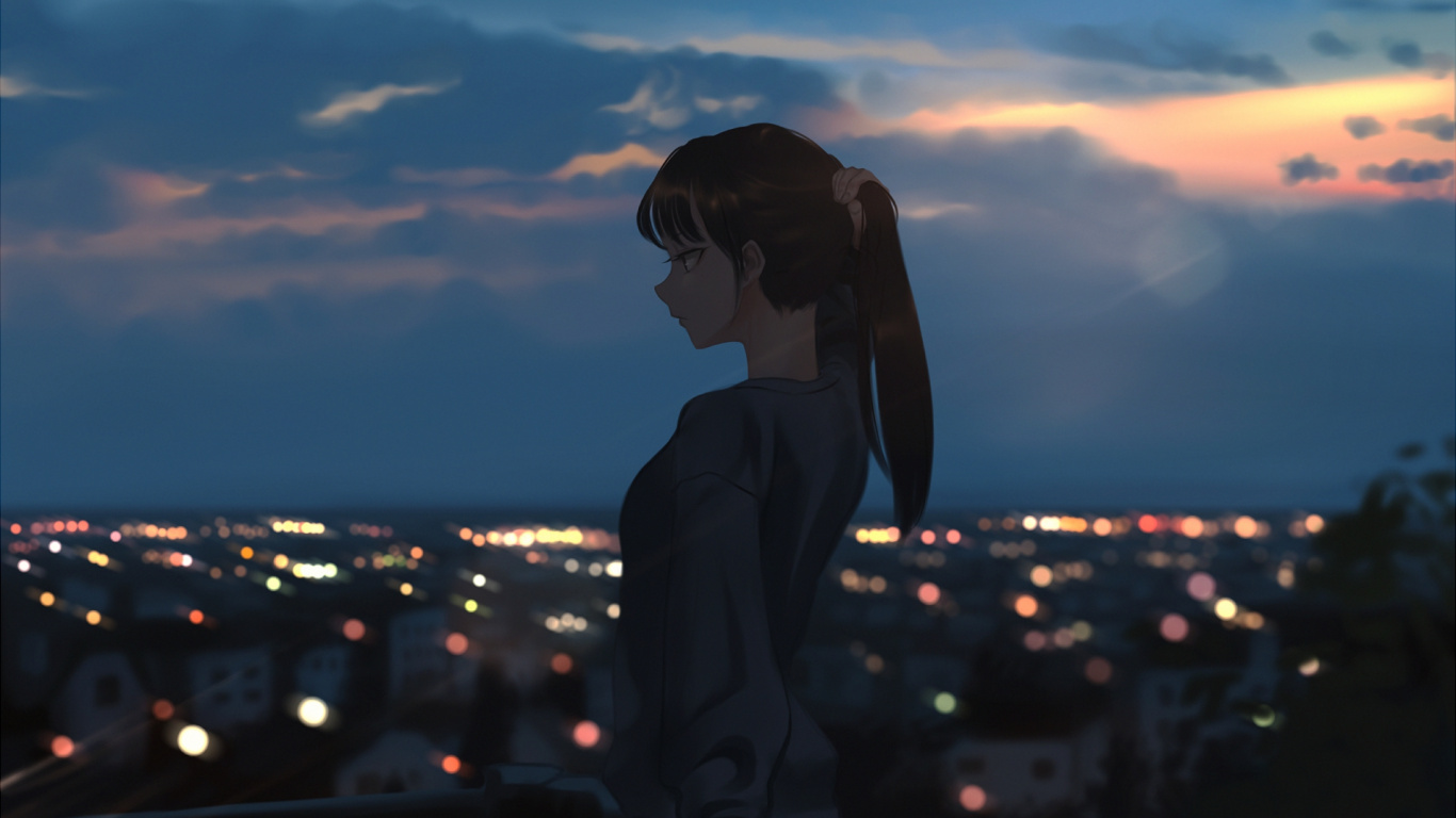 Femme en Costume Noir Debout au Sommet du Bâtiment Pendant la Nuit. Wallpaper in 1366x768 Resolution