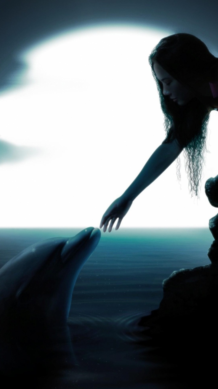 光, 大海, 天空, 女孩, 海豚 壁纸 720x1280 允许