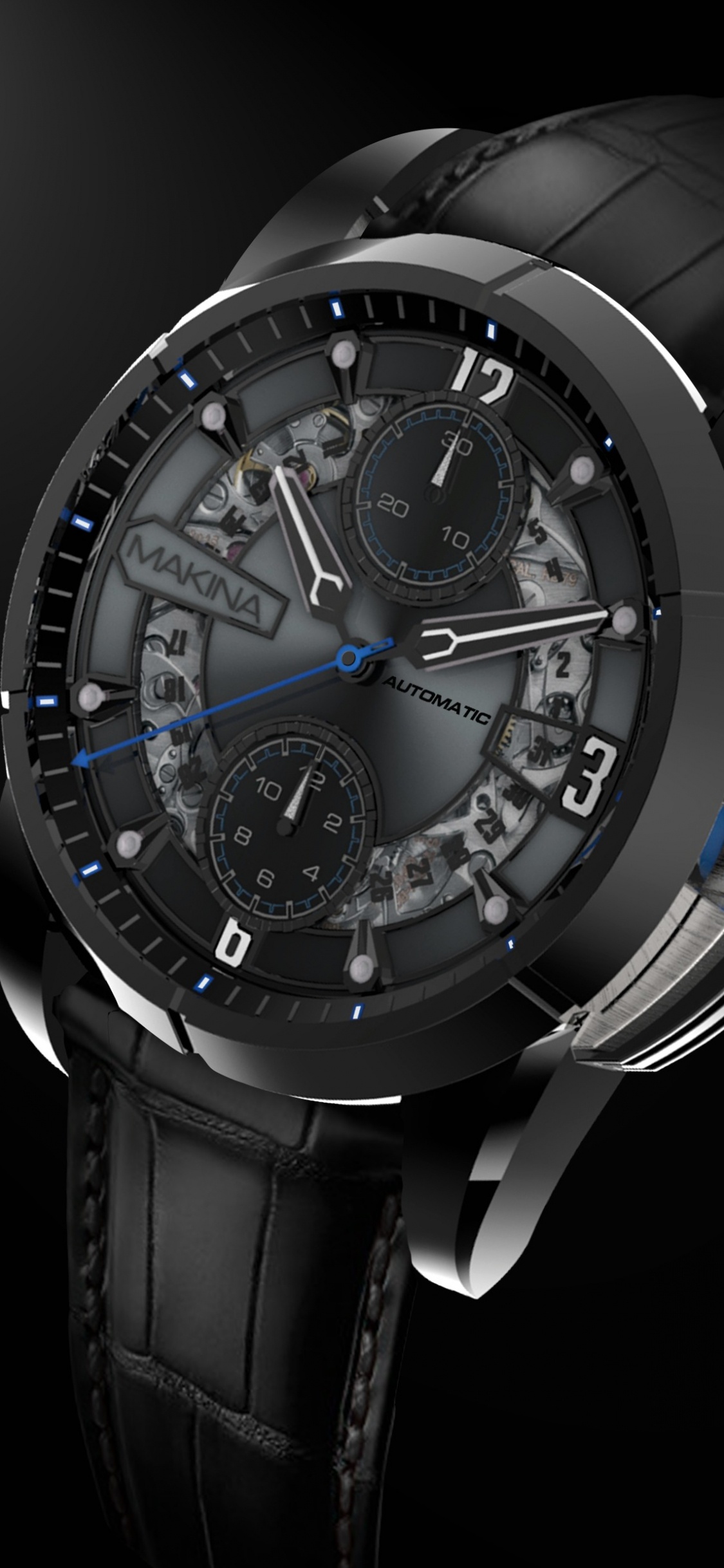 Silver and Blue Chronograph Watch. Wallpaper in 1125x2436 Resolution