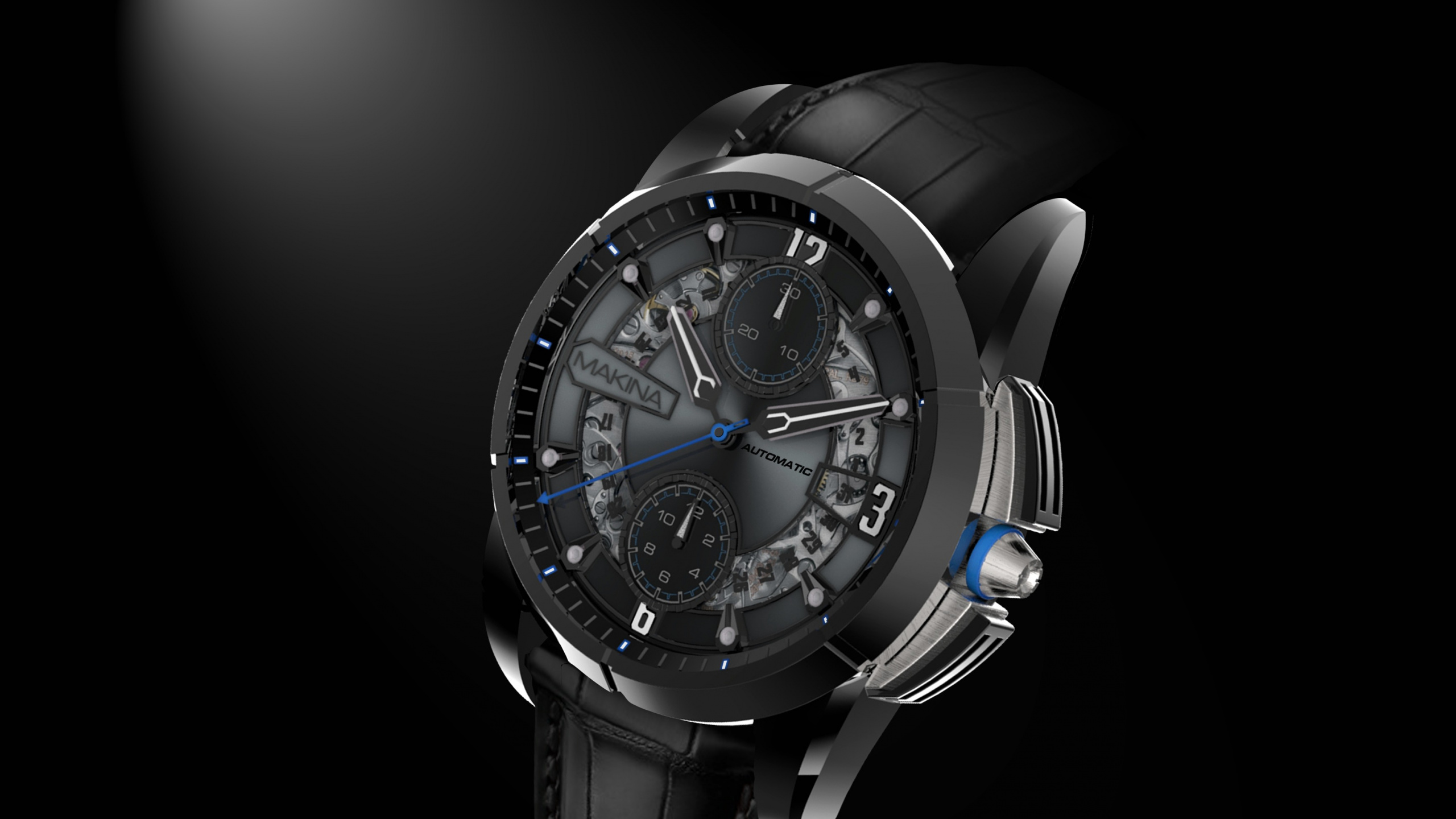 Silberne Und Blaue Chronographenuhr. Wallpaper in 2560x1440 Resolution