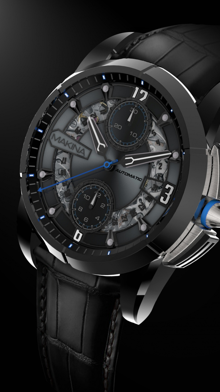 Silberne Und Blaue Chronographenuhr. Wallpaper in 750x1334 Resolution