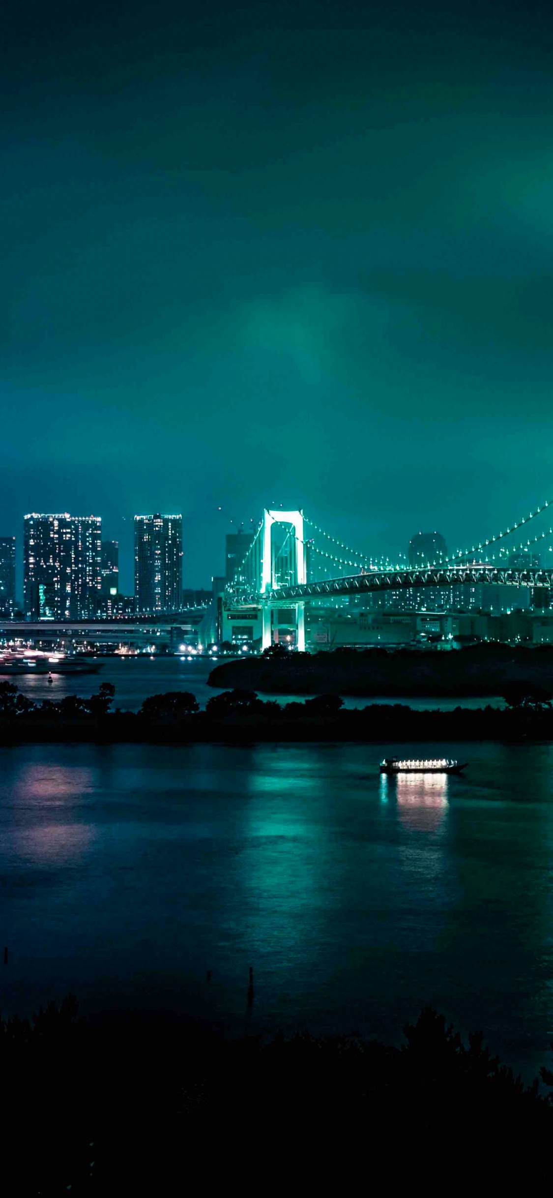 Puente Sobre el Agua Cerca Del Horizonte de la Ciudad Durante la Noche. Wallpaper in 1125x2436 Resolution