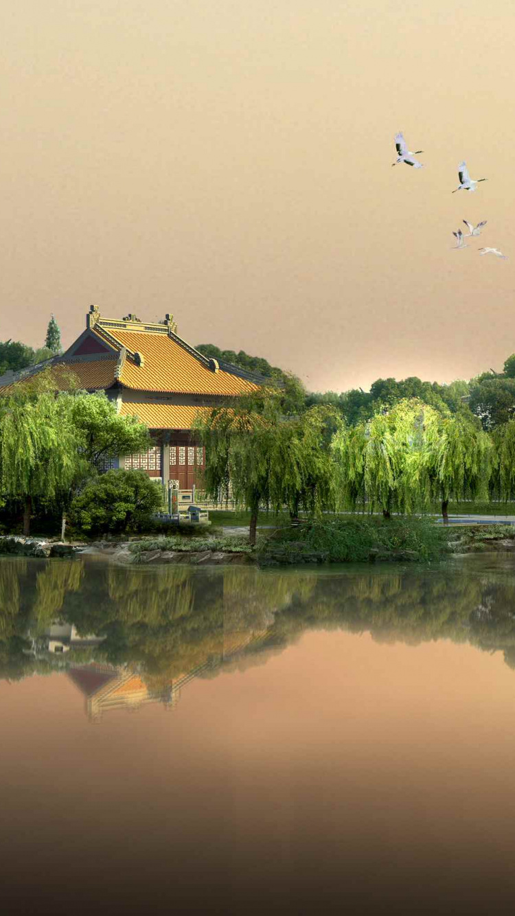 Brown and White House Near Green Trees and Body of Water During Daytime. Wallpaper in 750x1334 Resolution