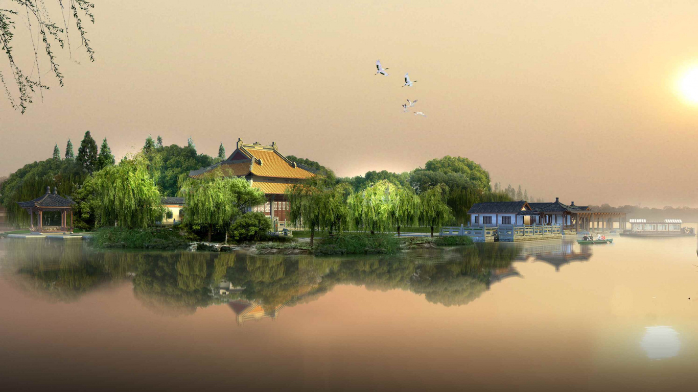 Braunes Und Weißes Haus in Der Nähe Von Grünen Bäumen Und Gewässern Tagsüber. Wallpaper in 1366x768 Resolution