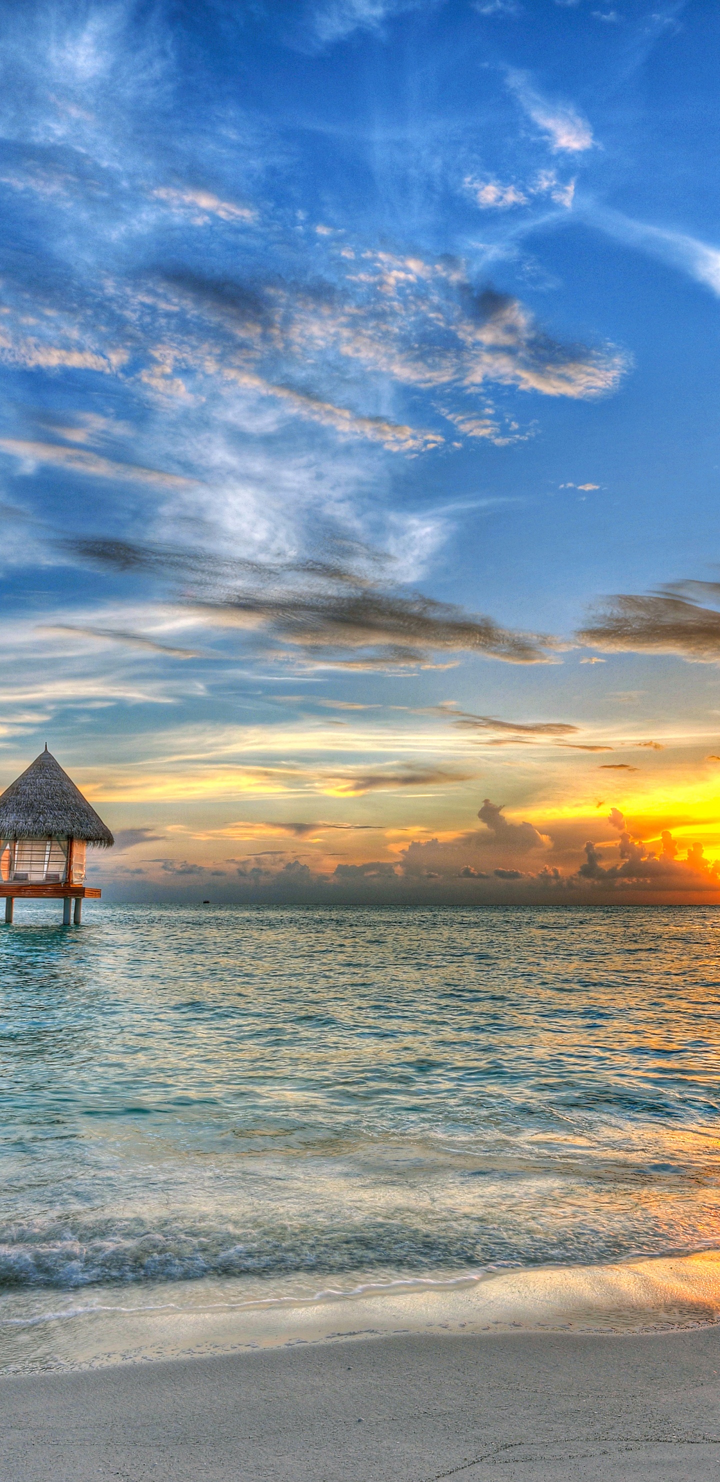 Silueta, De, Casa de Playa, En, Playa, Durante, Ocaso. Wallpaper in 1440x2960 Resolution