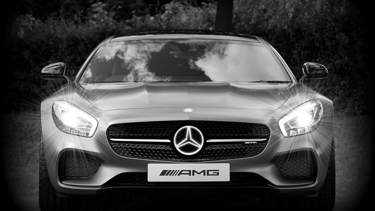Grayscale Photo of Mercedes Benz Car. Wallpaper in 1280x720 Resolution