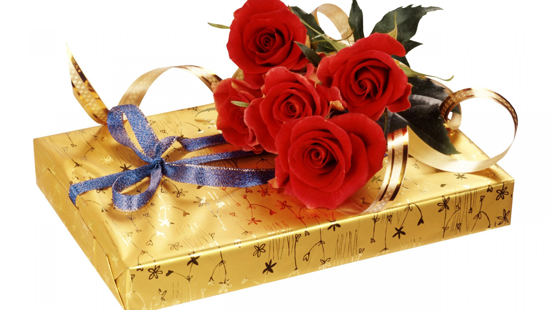 Red Roses on Brown Gift Box. Wallpaper in 1920x1080 Resolution