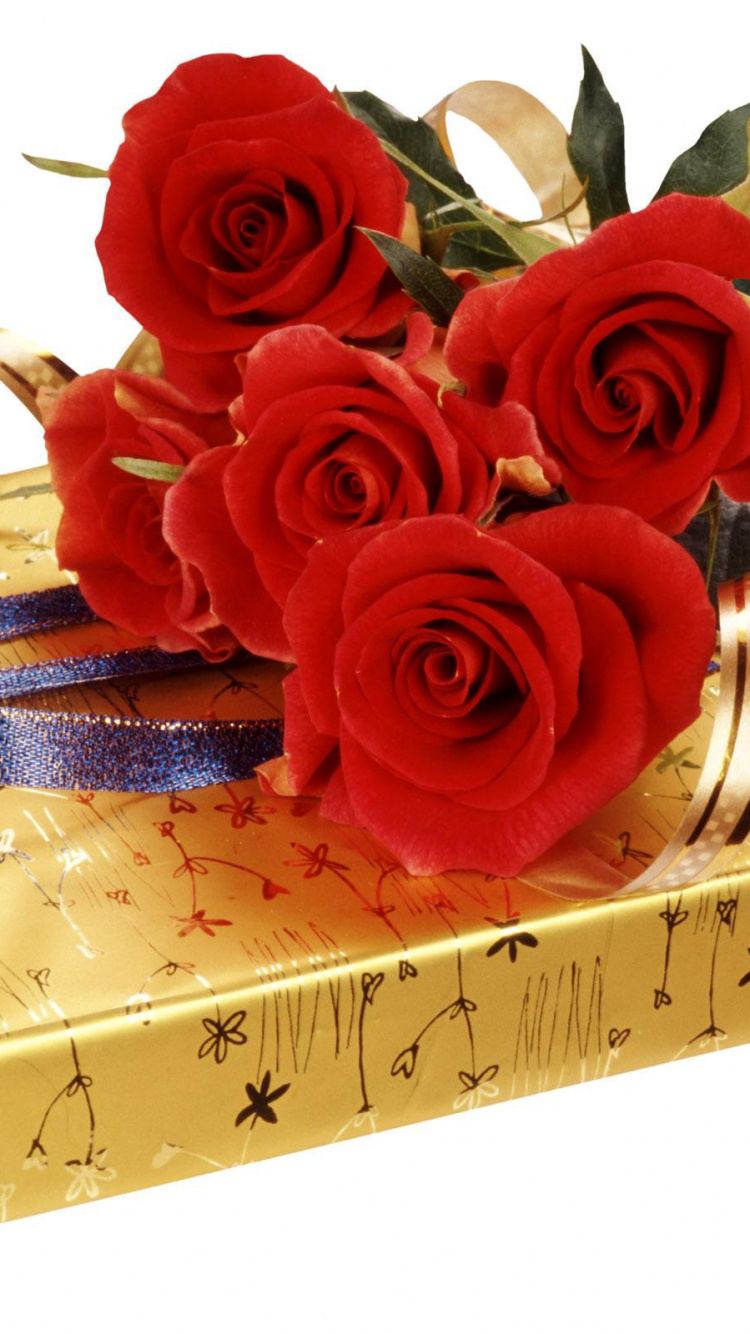 Rosas Rojas en Caja de Regalo Marrón. Wallpaper in 750x1334 Resolution