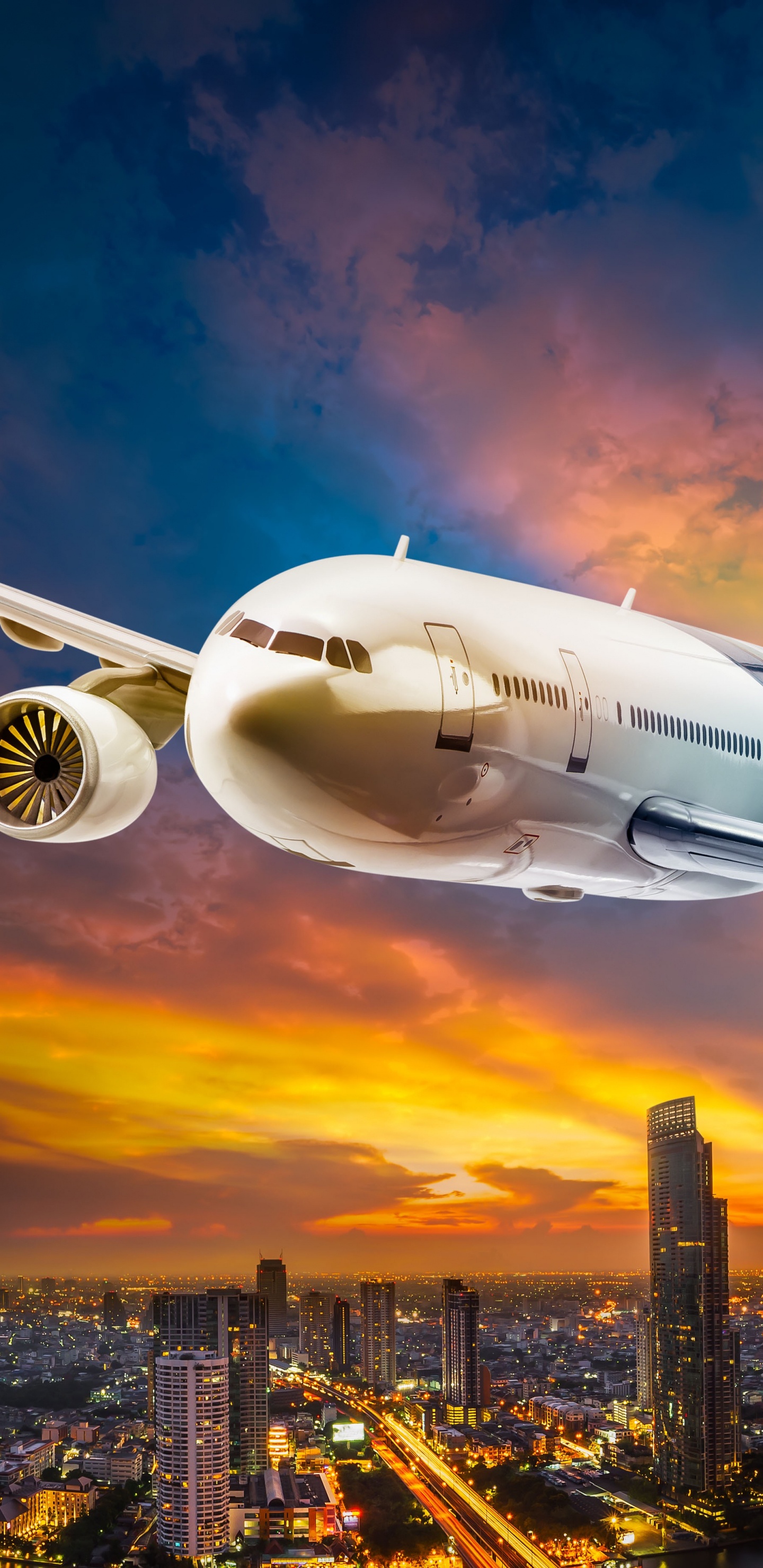 White Passenger Plane Flying Over City Buildings During Daytime. Wallpaper in 1440x2960 Resolution