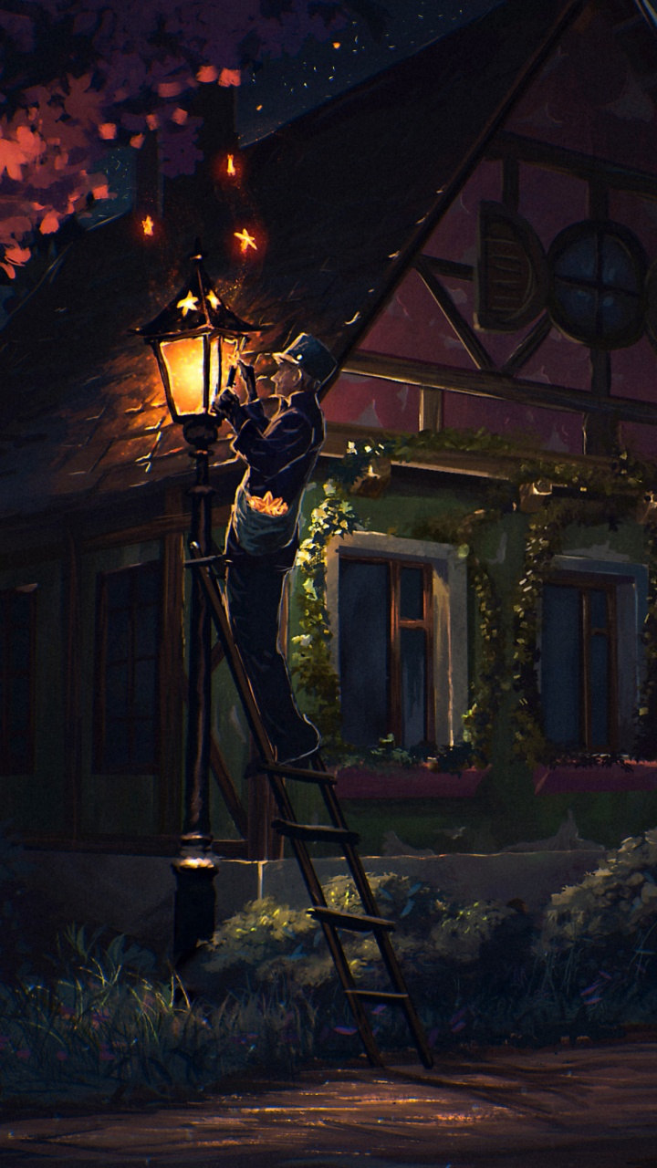 Brown Wooden House With String Lights During Night Time. Wallpaper in 720x1280 Resolution