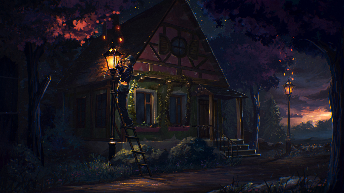 Braunes Holzhaus Mit Lichterketten in Der Nacht. Wallpaper in 1366x768 Resolution