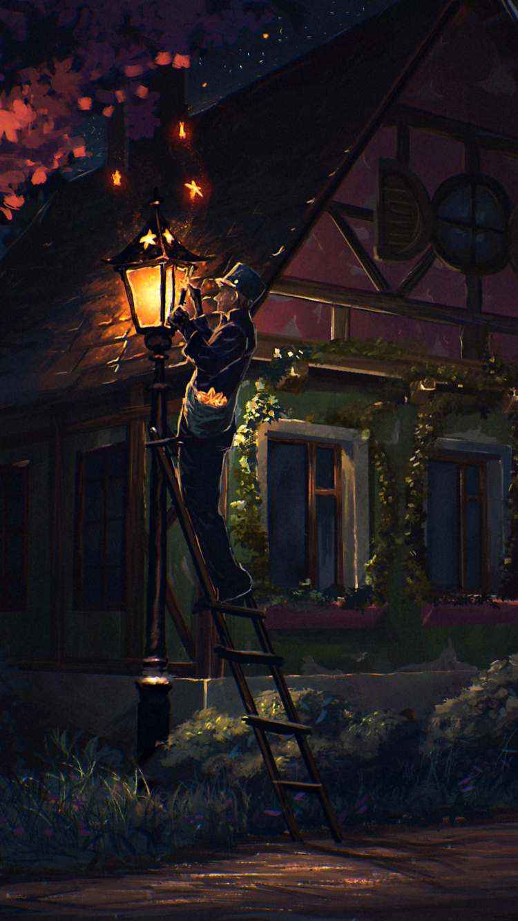 Braunes Holzhaus Mit Lichterketten in Der Nacht. Wallpaper in 750x1334 Resolution