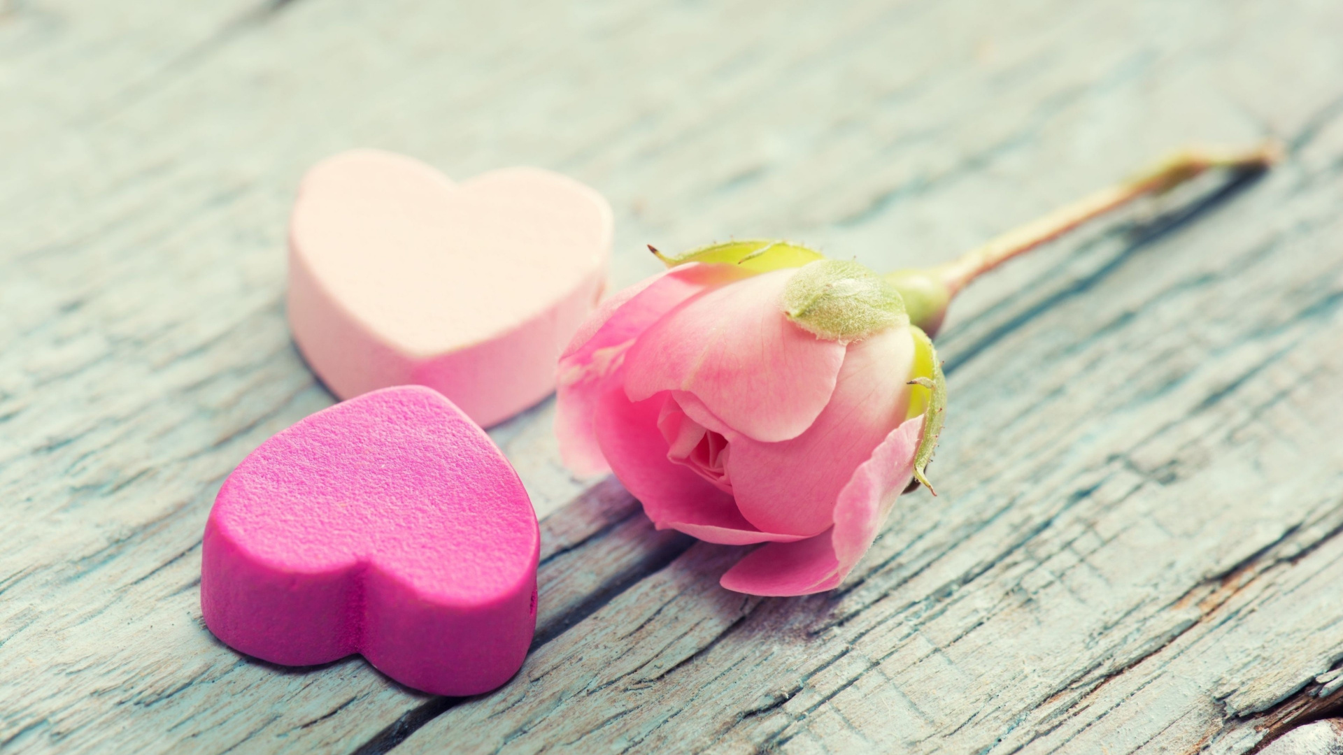 Pink Heart Shaped Petals on Gray Wooden Surface. Wallpaper in 1920x1080 Resolution
