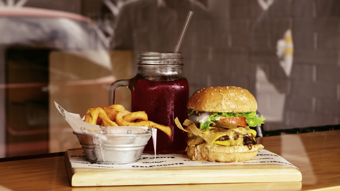 Burger and Fries on Brown Wooden Tray. Wallpaper in 1366x768 Resolution