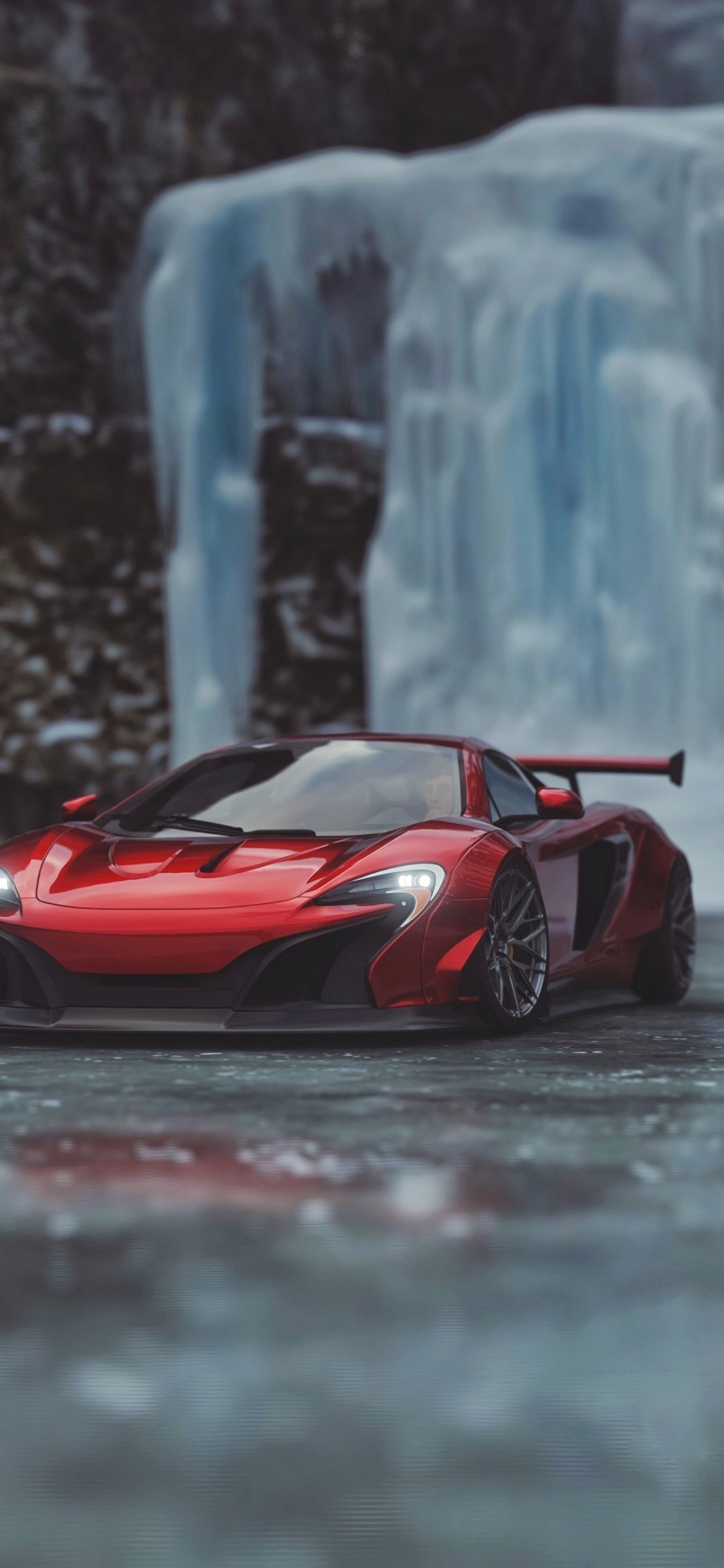 Red Ferrari Sports Car on Road. Wallpaper in 1125x2436 Resolution