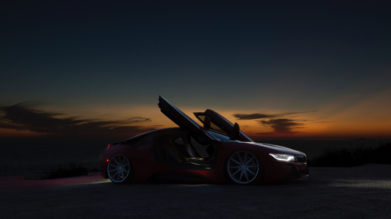 Ferrari 458 Italia Rojo en la Carretera Durante la Puesta de Sol. Wallpaper in 1366x768 Resolution